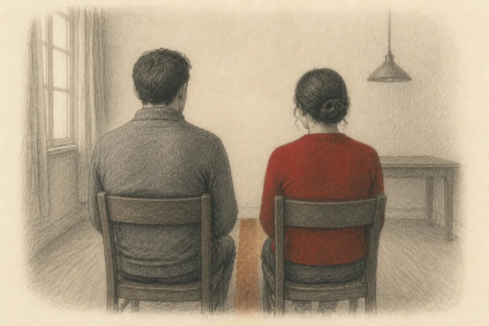 Dibujo visto desde atrás de dos adultos sentados uno al lado del otro mirando hacia la misma parte de la habitación, con un pequeño espacio entre sus sillas