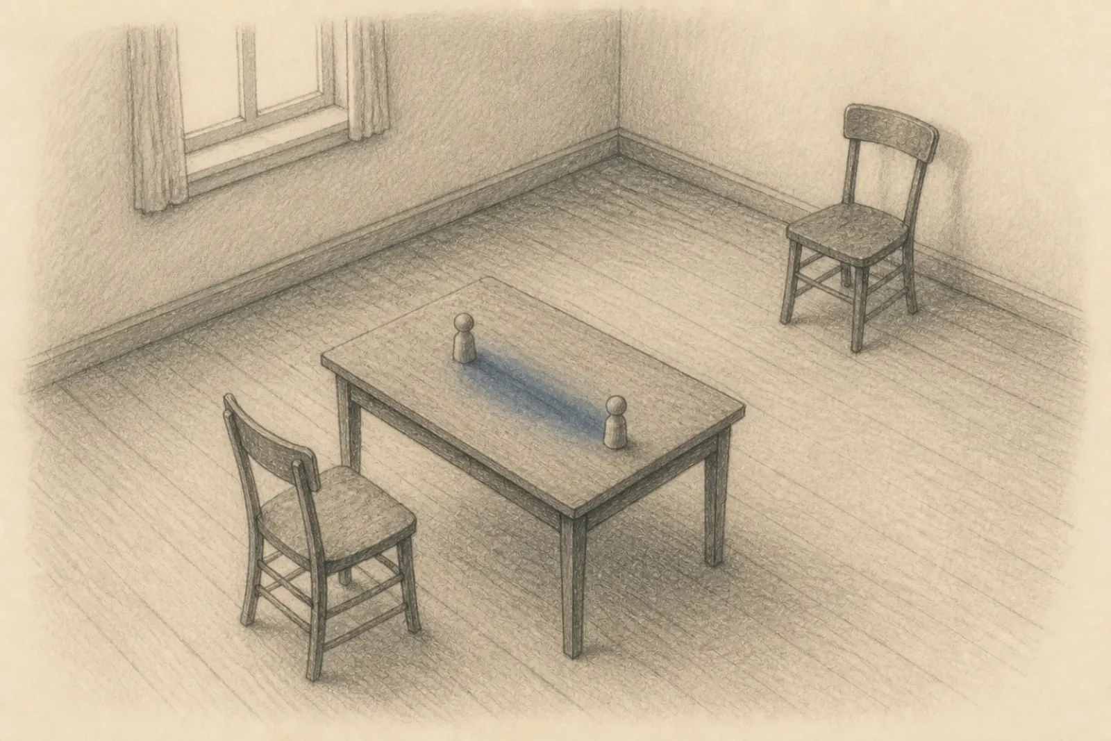 Dibujo de dos sillas vacías a distancias desiguales de una mesa, con dos representantes de madera que reflejan lo mismo