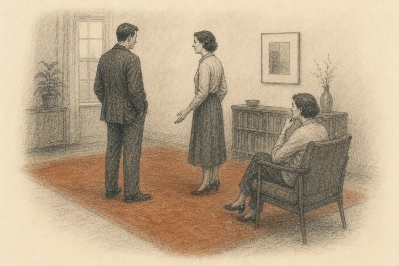Dibujo de dos representantes de pie informándose mutuamente mientras una tercera persona adulta observa desde una silla