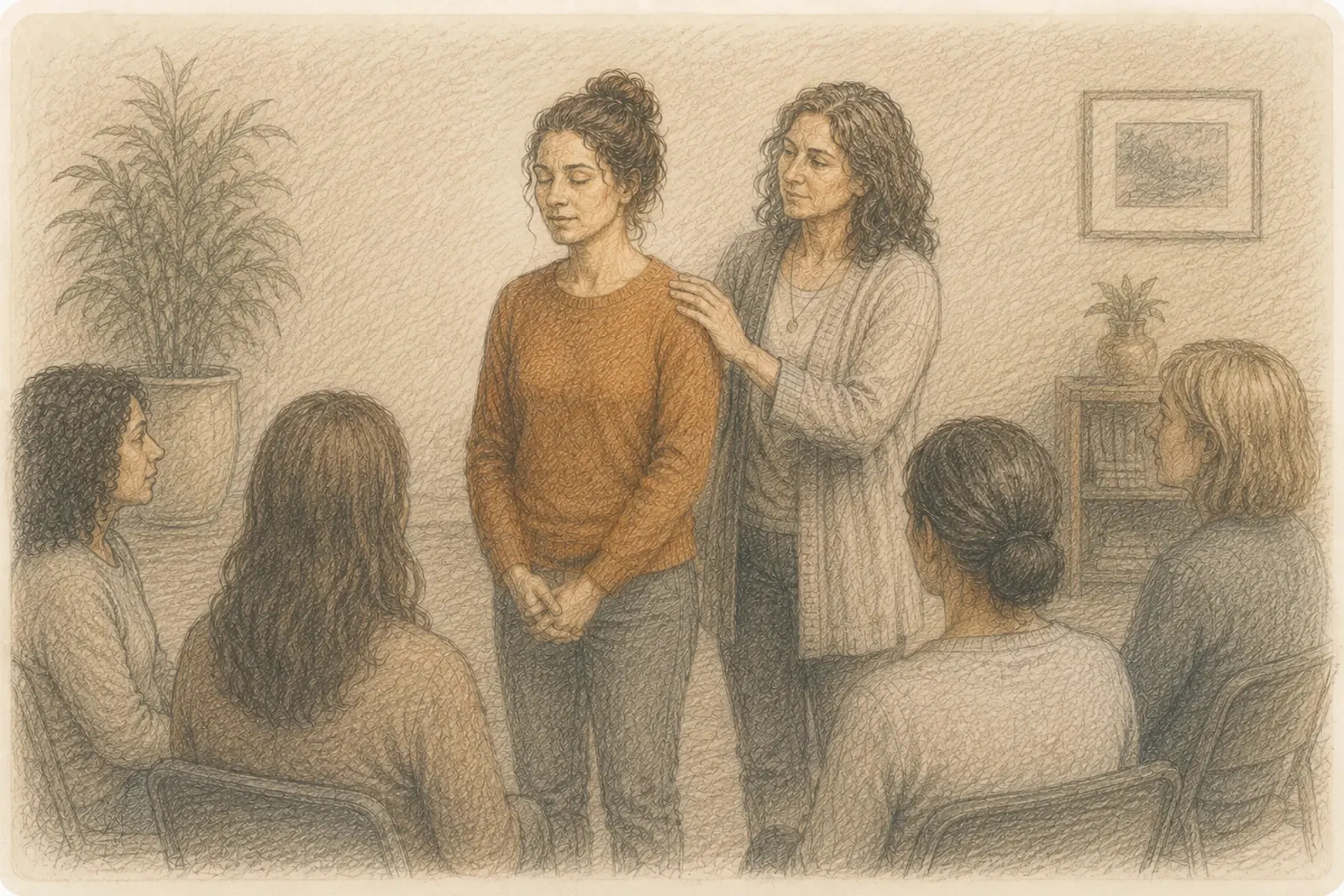 Dibujo de una mujer de pie con la mirada baja en una sala de grupo, mientras otra mujer le apoya una mano en el hombro, con cinco participantes sentados alrededor