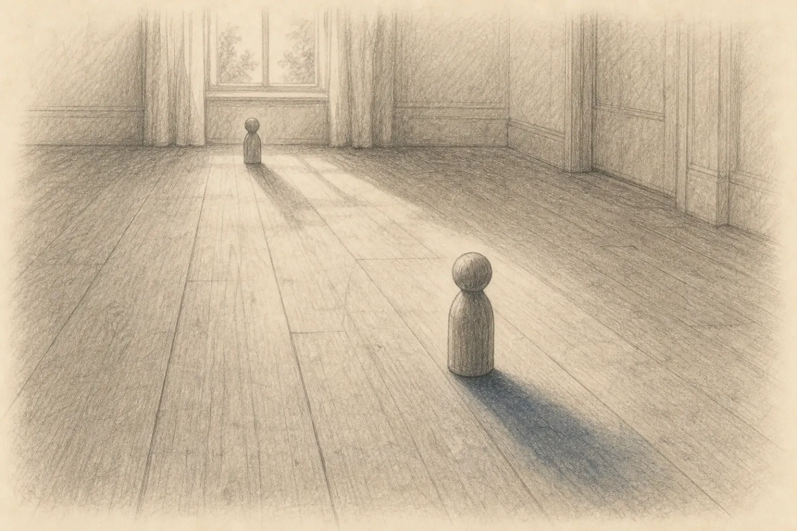 Dibujo mirando a lo largo de un suelo de madera desnuda hacia dos pequeños representantes de madera de pie a bastante distancia, el más lejano al final de un haz de luz de día