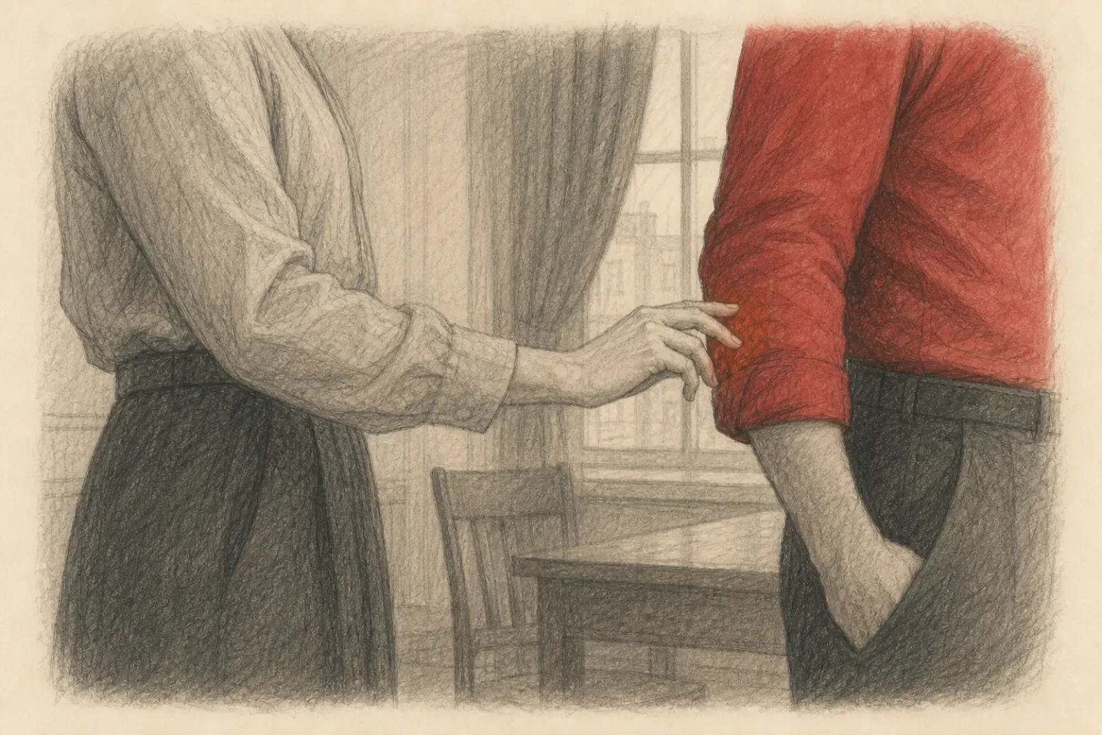 Dibujo de la mano de una persona adulta separándose del antebrazo de otra, ambas figuras recortadas a la altura del hombro