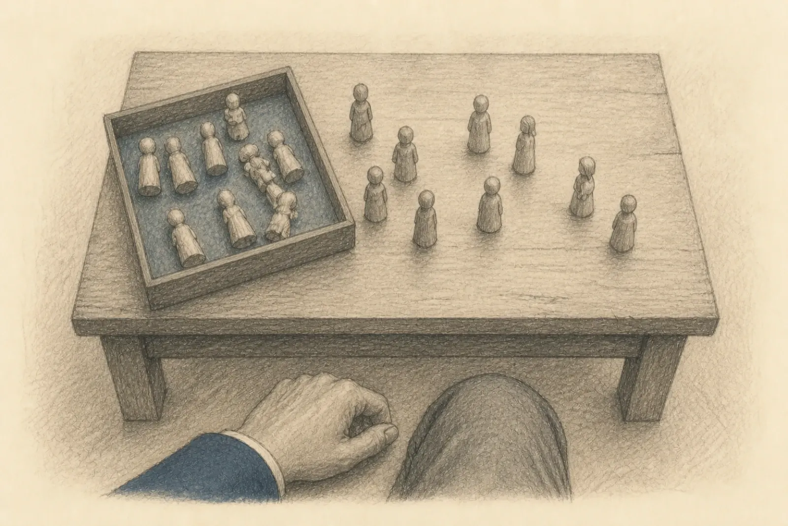 Tekening van bovenaf van een laag tafeltje waar kleine figuren half opgesteld staan en half nog in hun bakje liggen, met de hand van een volwassene rustend aan de rand
