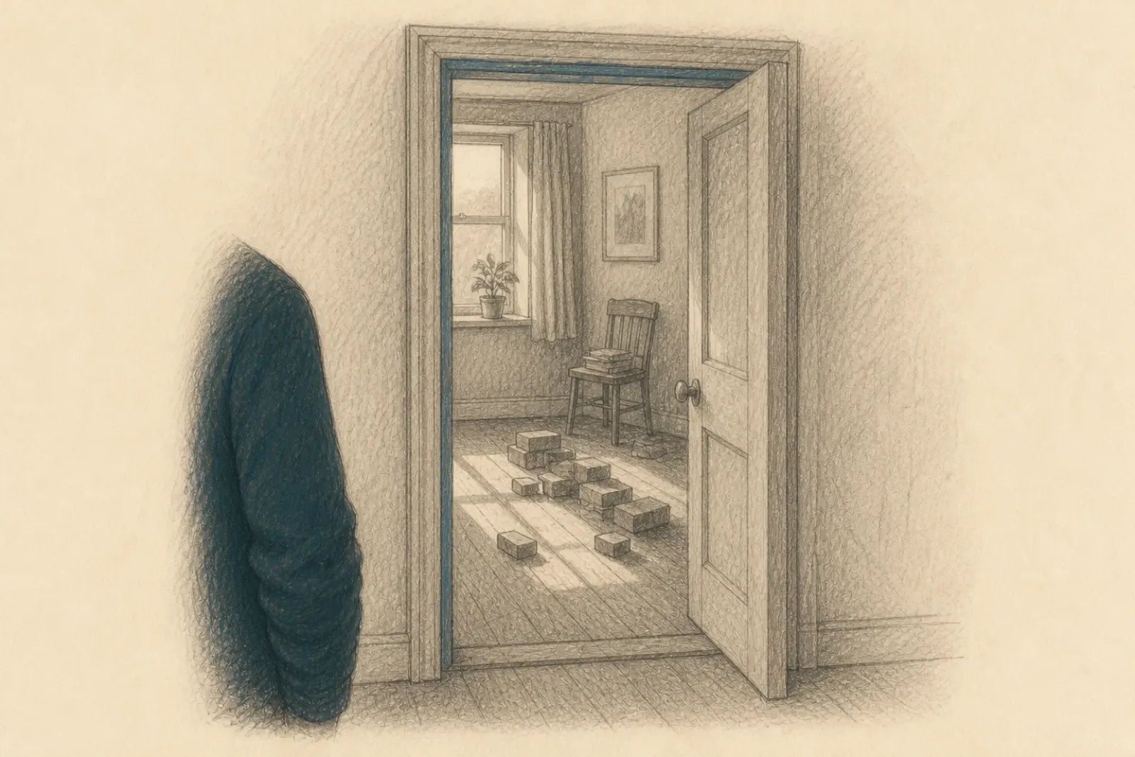 Tekening door een open deur heen, een kamer in waar bouwstenen verspreid over de vloer liggen, met de schouder van een volwassene in de gang aan de rand van het beeld