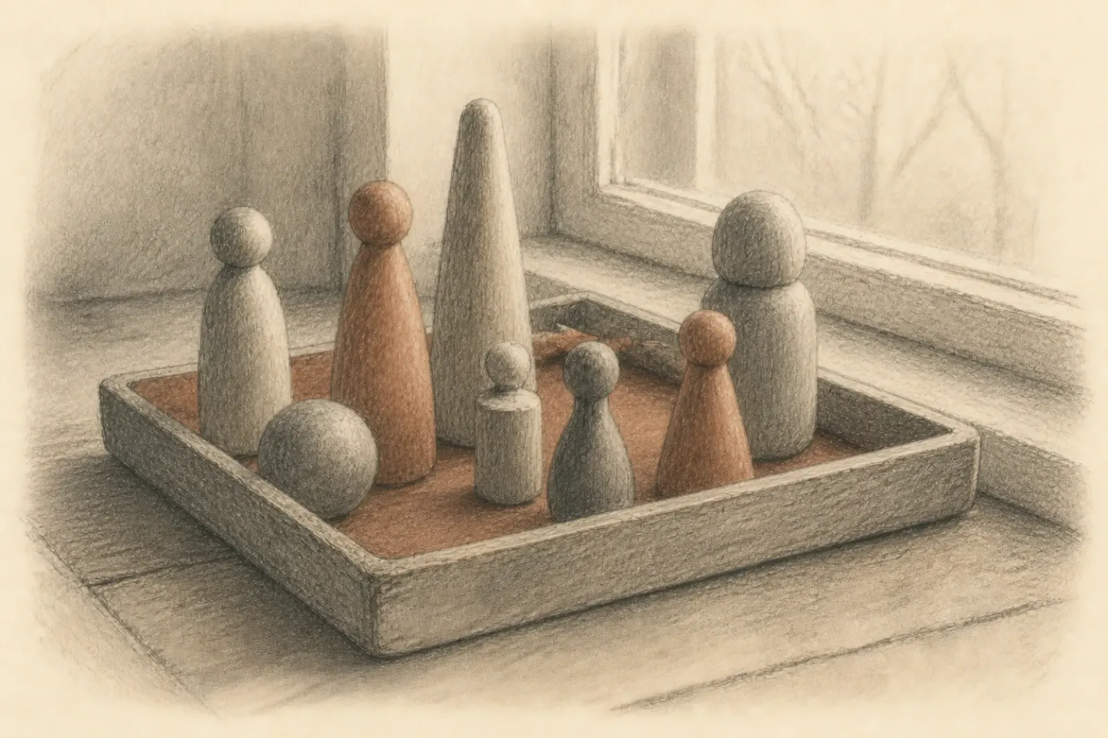Tekening van versleten houten representanten in verschillende maten, in een ondiep bakje op een vensterbank