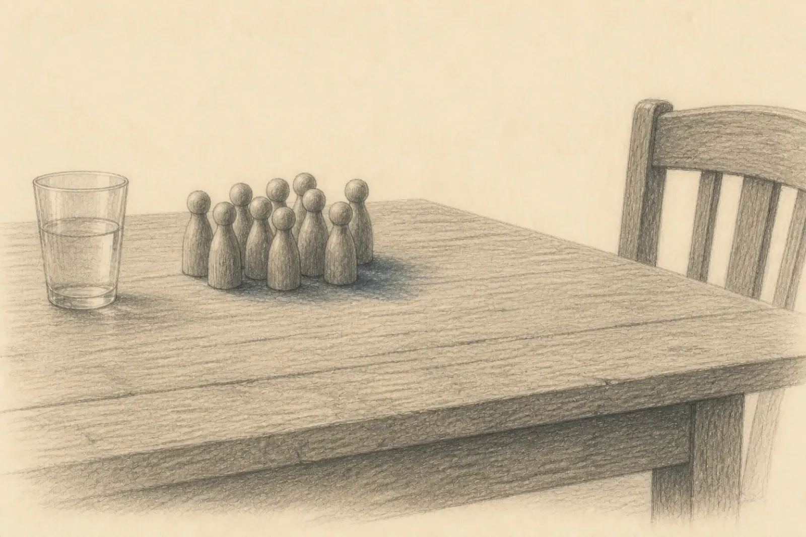 Dibujo de pequeñas figuras de madera agrupadas a un lado de una mesa, con madera vacía y un vaso intacto frente a una silla vacía