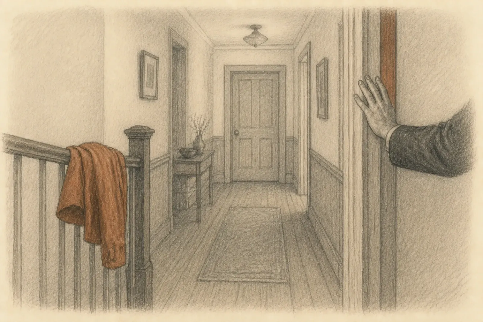 Dibujo de una mano adulta apoyada en el marco de una puerta cerrada, sin abrirla