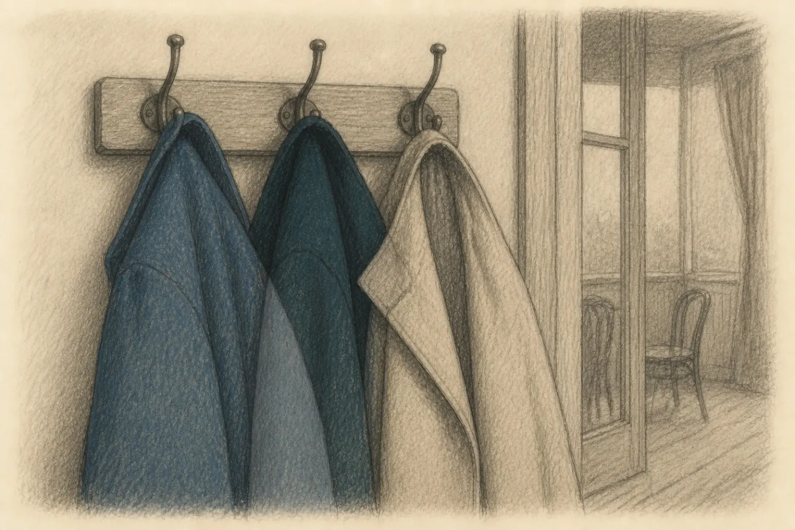 Drawing of three different coats hanging together on a row of hooks by a door, chairs just visible in the room beyond