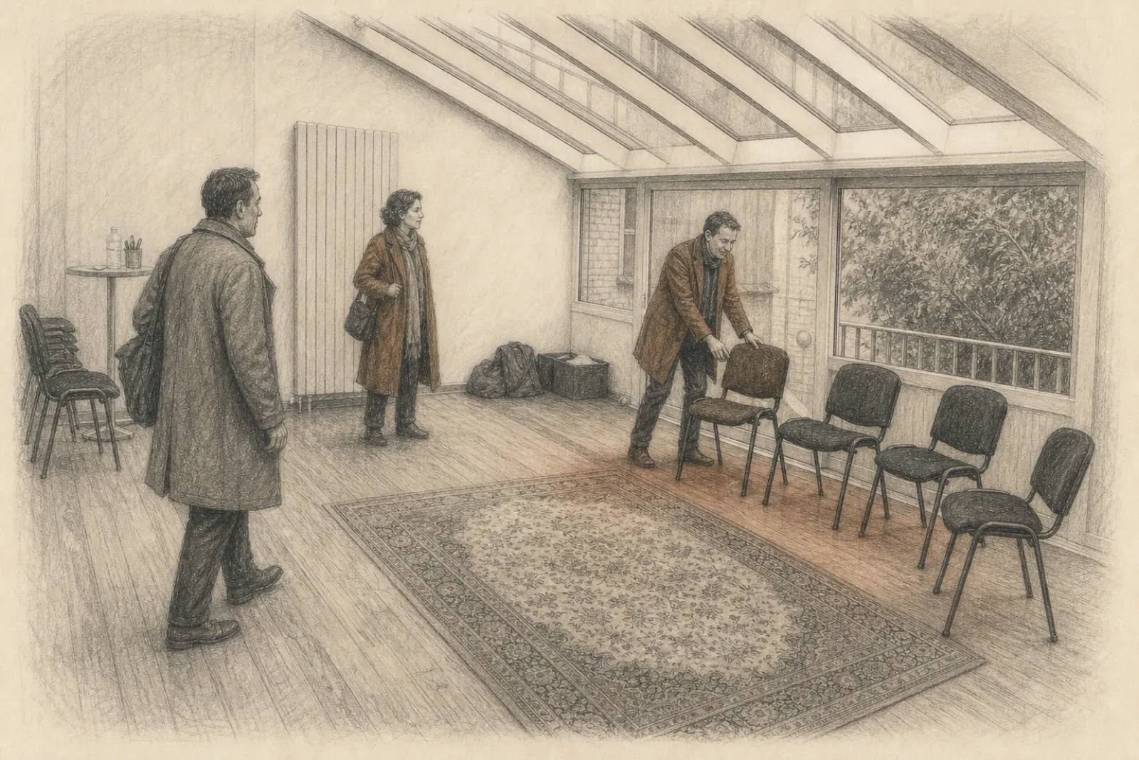 Drawing of adults arriving separately in the workshop veranda while one chair is moved into the beginning of a circle