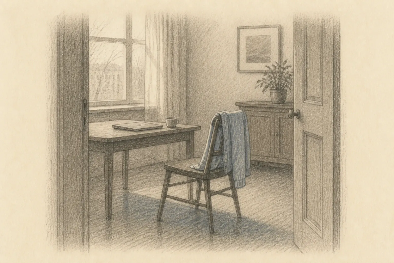 Dibujo de una sala vacía tras una sesión, con un portátil cerrado y una taza sobre una mesa junto a la ventana y una rebeca dejada sobre una silla apartada