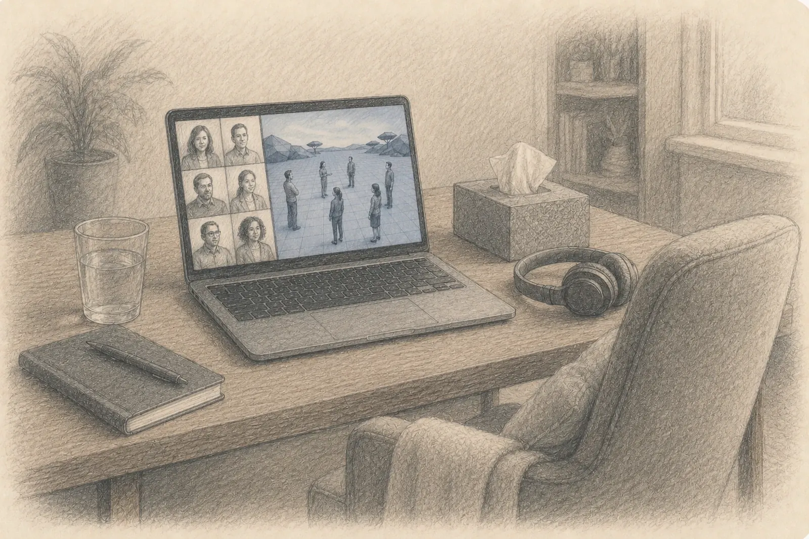 Dibujo de un escritorio en casa con un portátil que muestra a seis participantes en vídeo junto a pequeñas figuras en un paisaje tridimensional, con auriculares y un cuaderno al lado