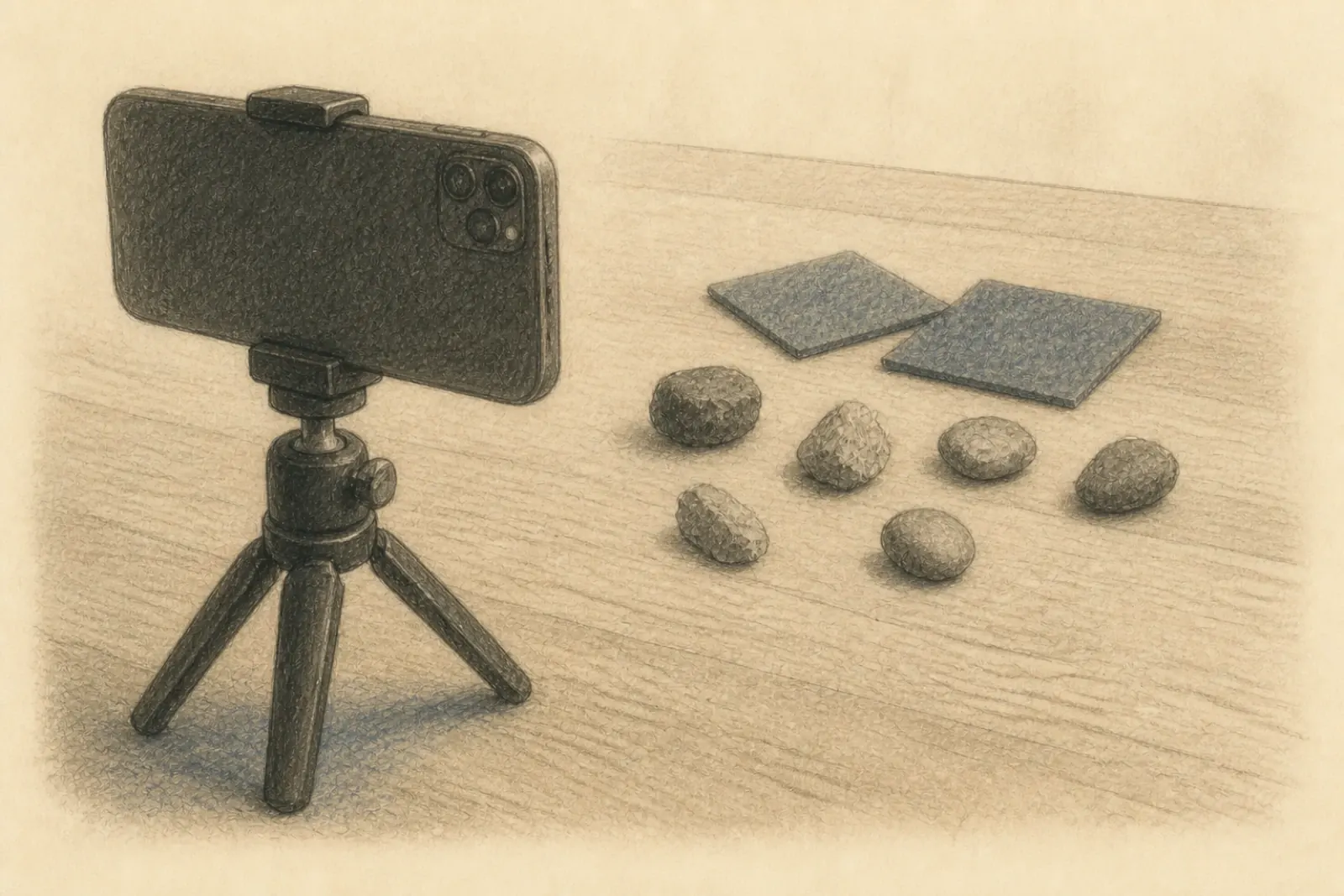 Dibujo de un teléfono apoyado en un pequeño trípode frente a una disposición de piedras y cuadrados de fieltro sobre una mesa de madera desnuda