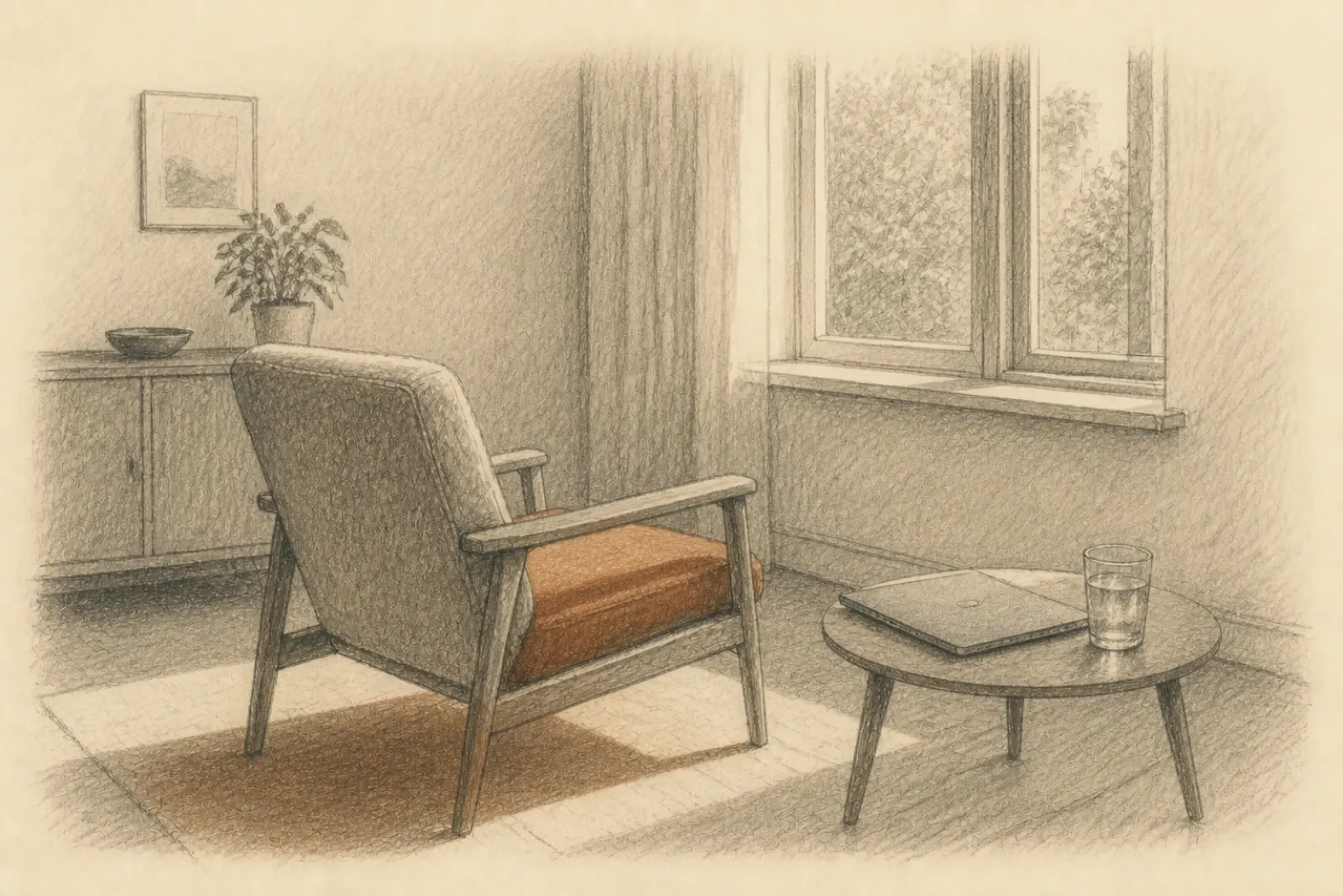 Dibujo de un sillón vacío orientado hacia una ventana, con un portátil cerrado y un vaso de agua sobre una mesa auxiliar