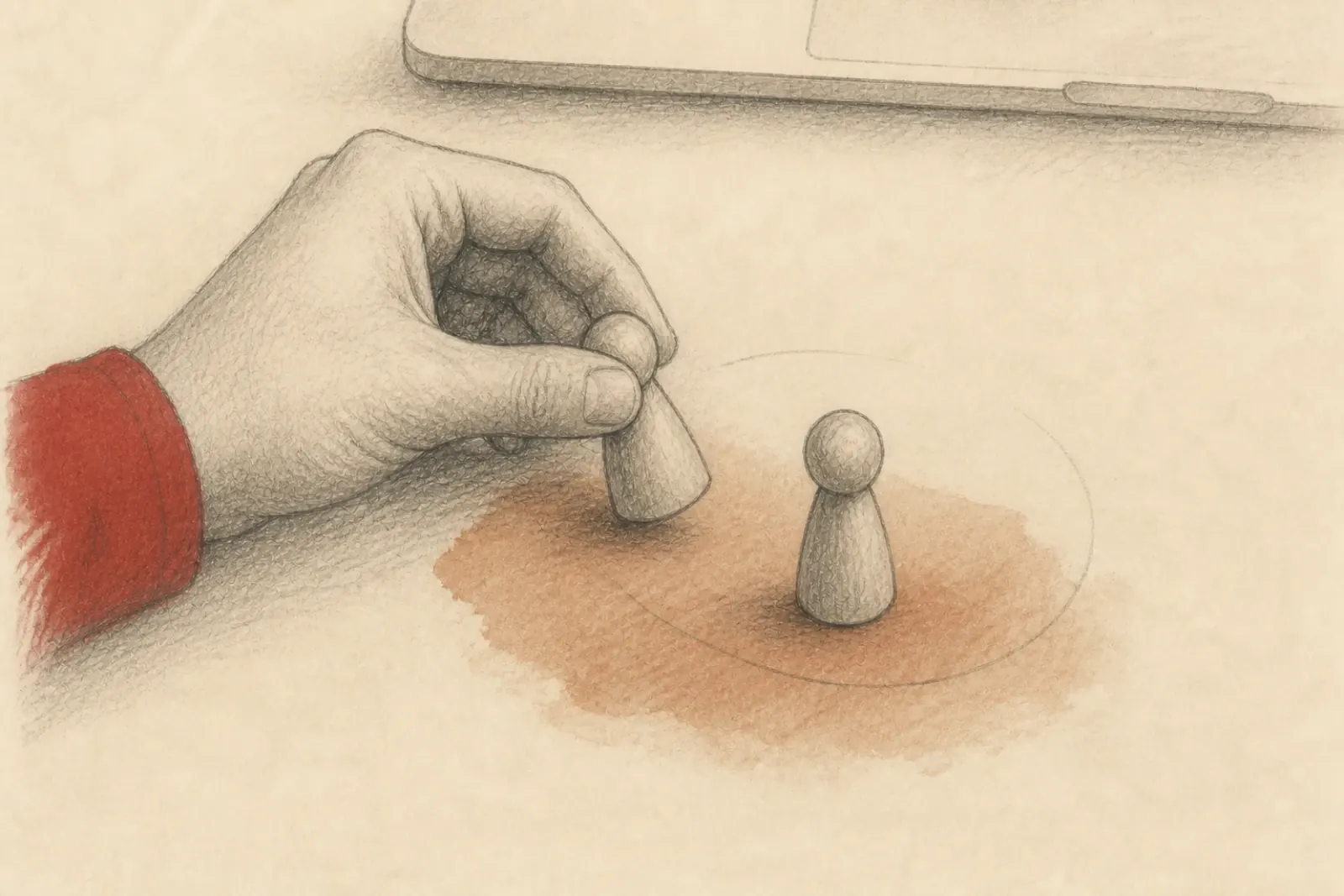 Dibujo de una mano moviendo un pequeño representante de madera en una curva alrededor de otro, junto al borde de un portátil