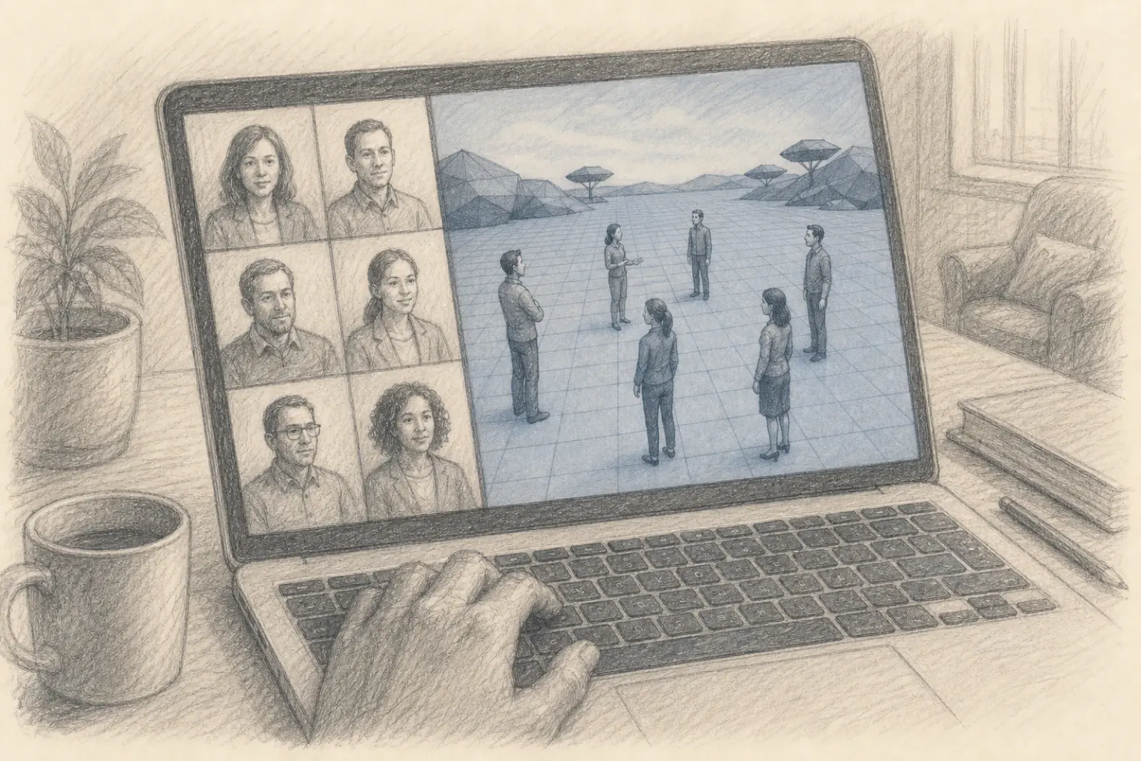 Dibujo de un portátil que muestra a seis participantes adultos en vídeo junto a seis figuras en un paisaje tridimensional cuadriculado