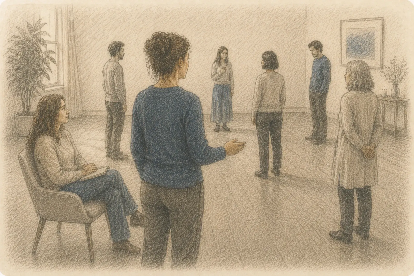 Drawing seen from behind of a facilitator with one hand open toward five standing representatives while the client watches from a chair