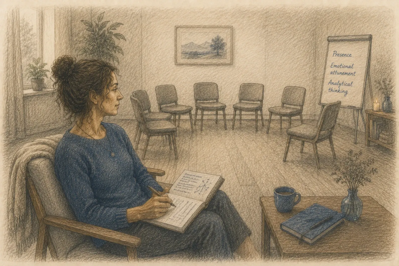 Drawing of a trainee writing in a notebook beside an empty circle of chairs, a flipchart behind her reading Presence, Emotional attunement, Analytical thinking
