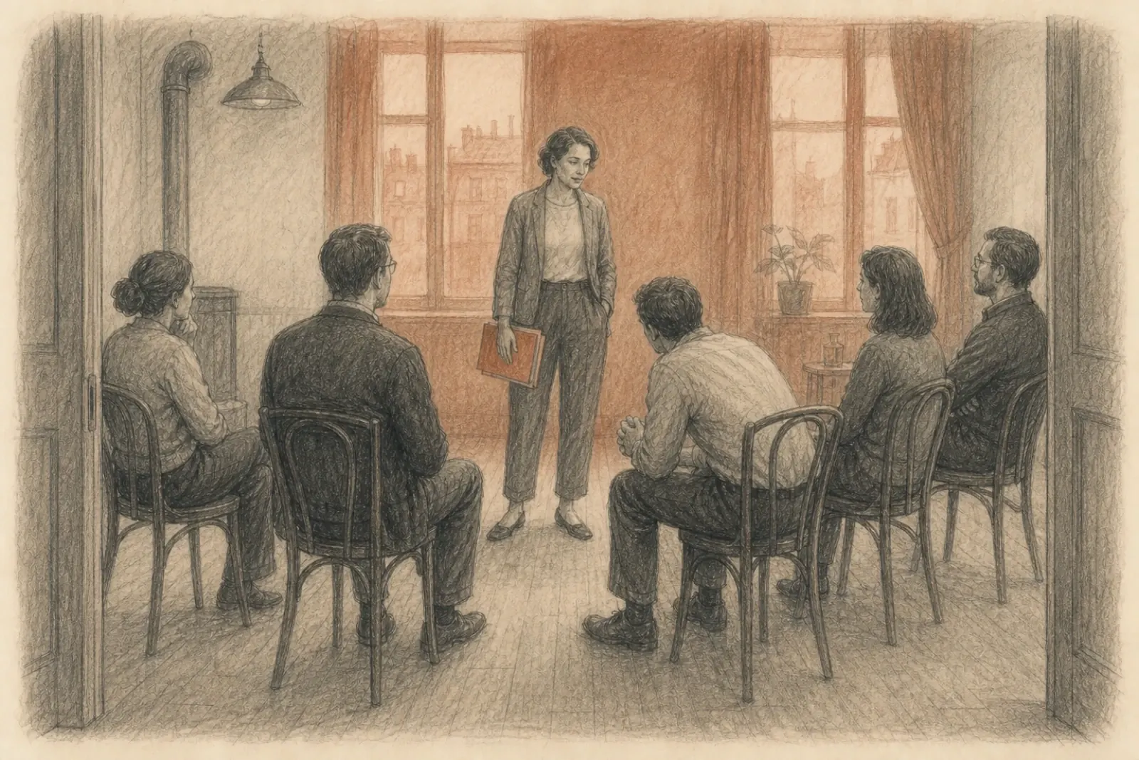 Drawing of a trainee standing at the open end of a horseshoe while five peers listen