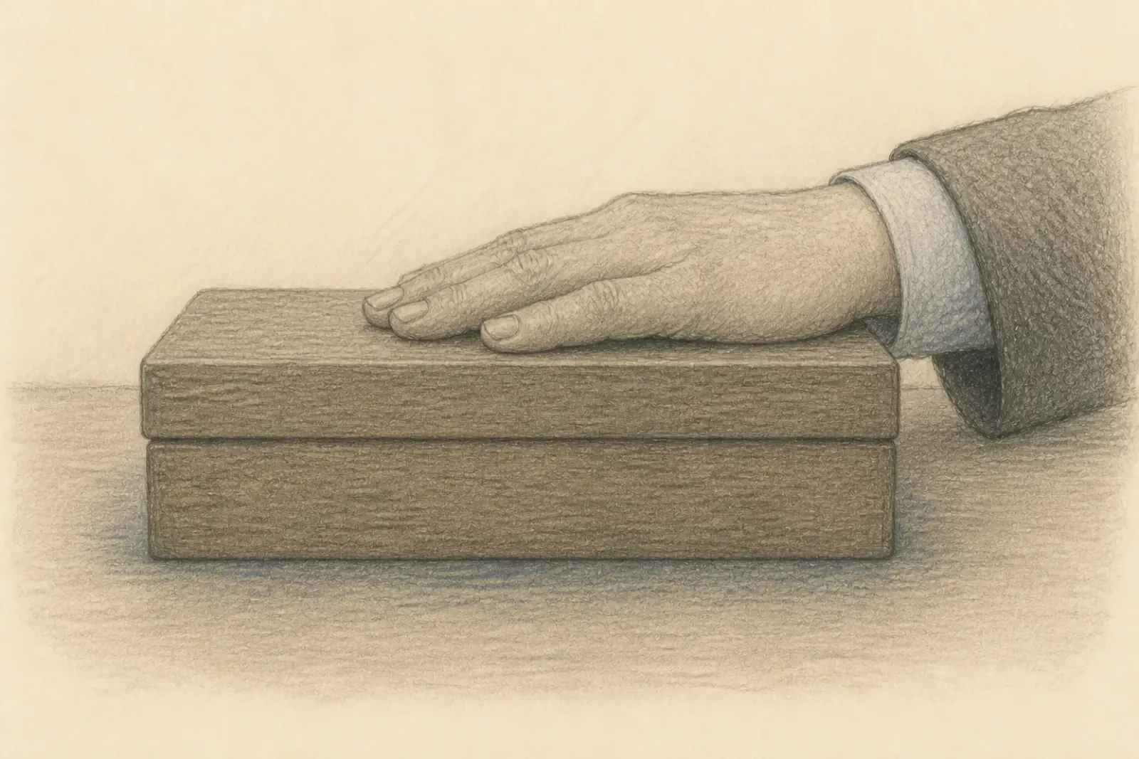 Drawing of an adult's hand resting flat on the closed lid of a plain wooden box on a table