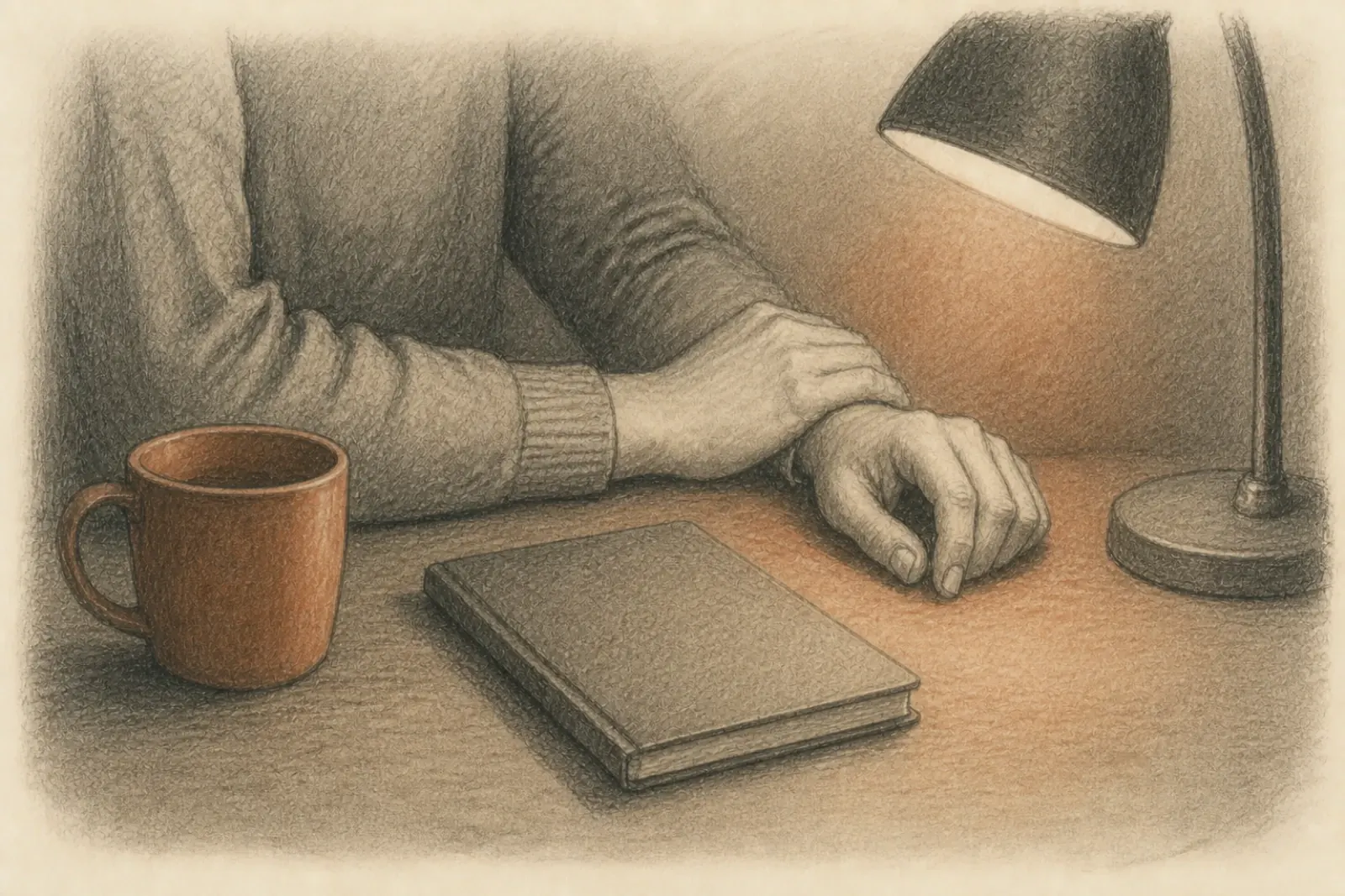 Drawing of resting forearms beside a mug and a closed notebook on a table at night