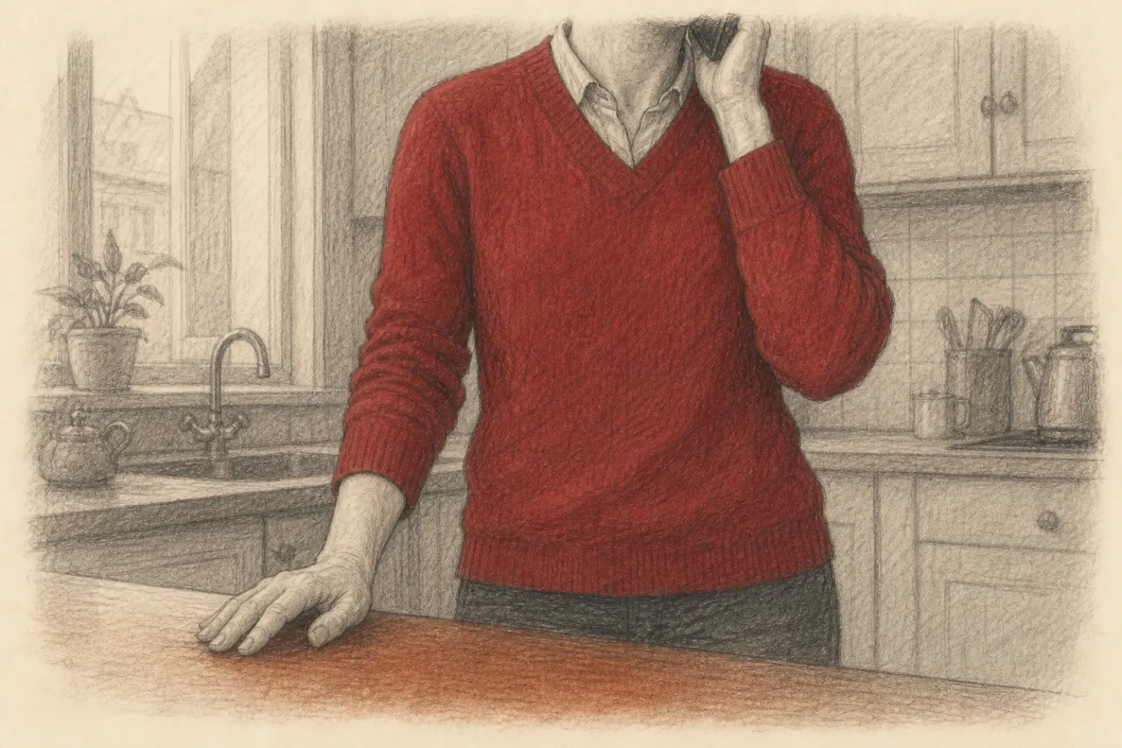 Dibujo de una persona adulta sosteniendo un teléfono con suavidad junto a la oreja, con la otra mano apoyada en la encimera de la cocina, recortado a la altura de la barbilla