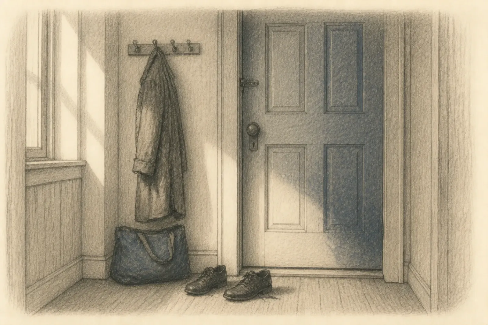 Dibujo de un abrigo, un bolso y un par de zapatos esperando junto a una puerta de entrada cerrada, con luz de primera hora