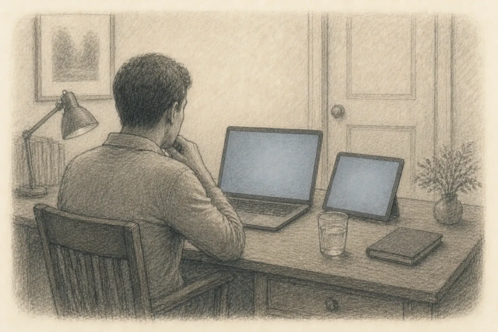 Dibujo de una persona adulta en un escritorio doméstico, con un portátil y una segunda pantalla en ángulo