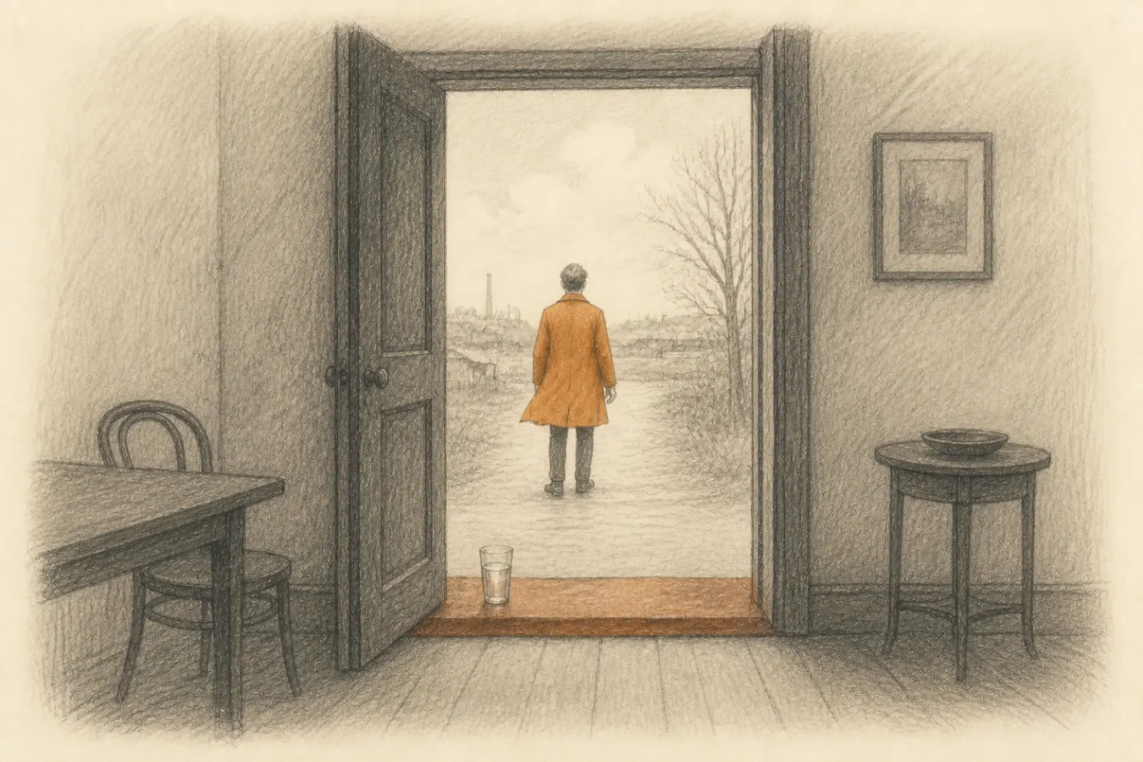 Dibujo desde el interior de una habitación, mirando hacia una puerta abierta, con un adulto de pie a la luz del día, el abrigo abierto, y un vaso de agua sobre el escalón
