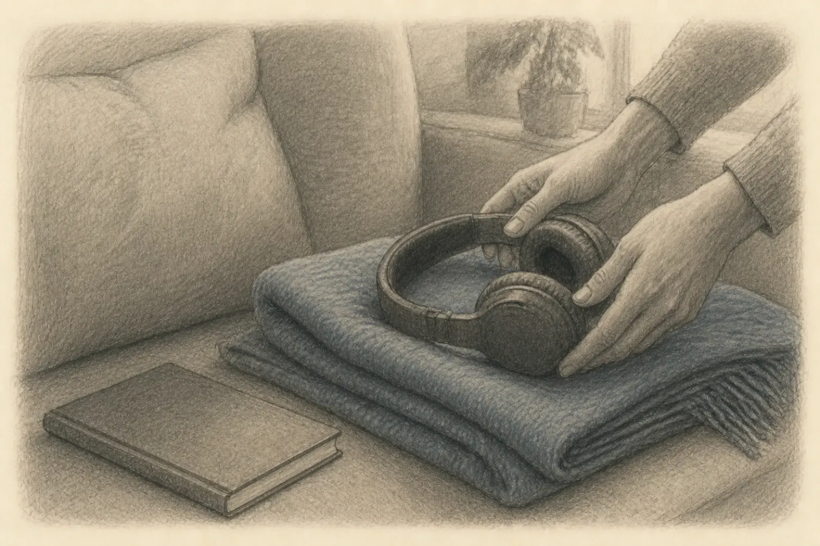 Dibujo de las manos de un adulto colocando unos auriculares sobre una manta doblada, junto a un sofá bajo y un libro cerrado