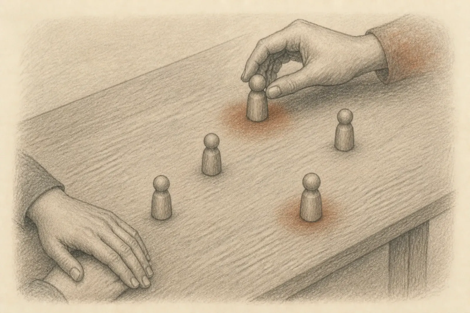 Drawing of adult hands around five wooden representatives arranged asymmetrically on a low table