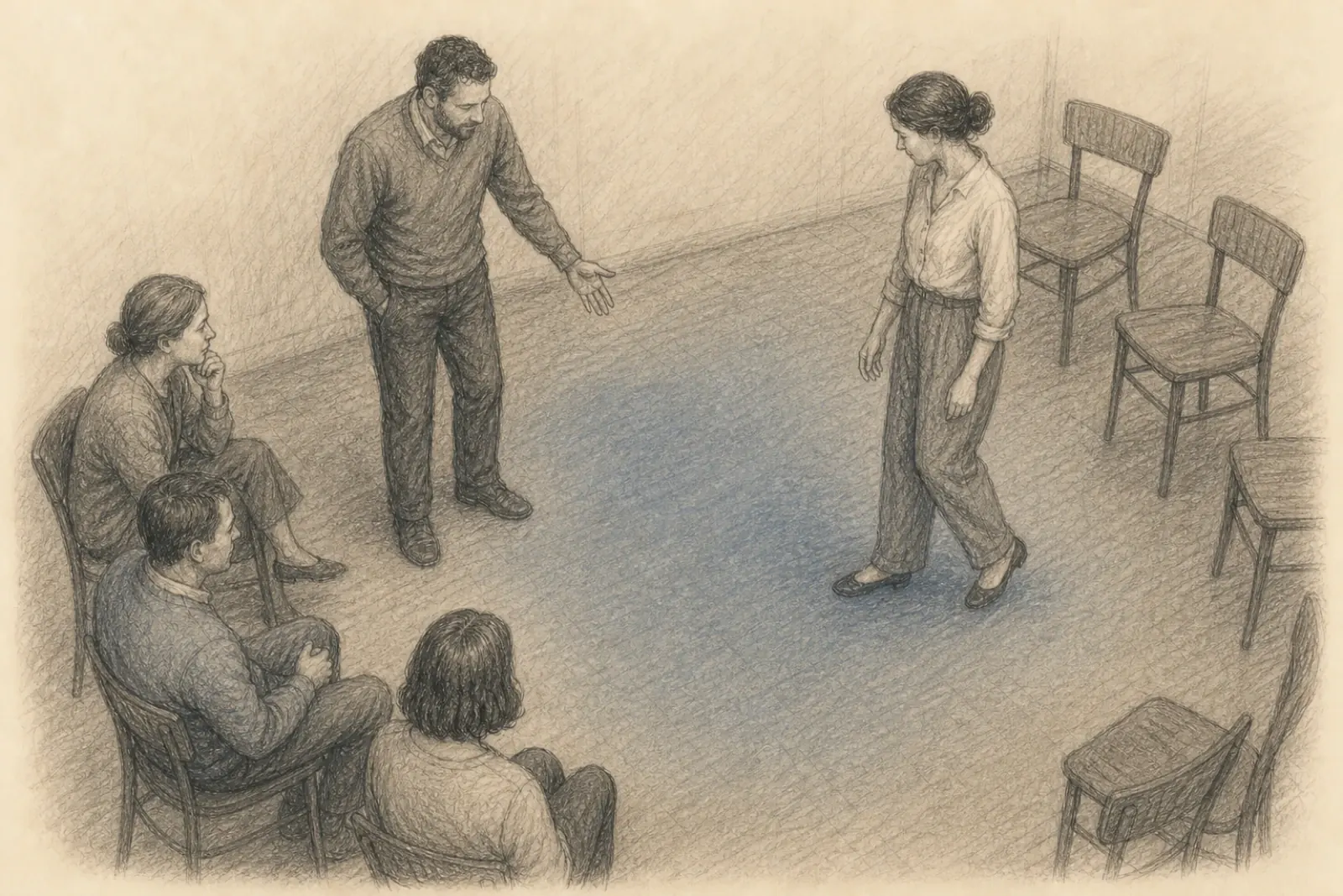 Drawing of two adults finding a place inside a circle while three seated participants watch