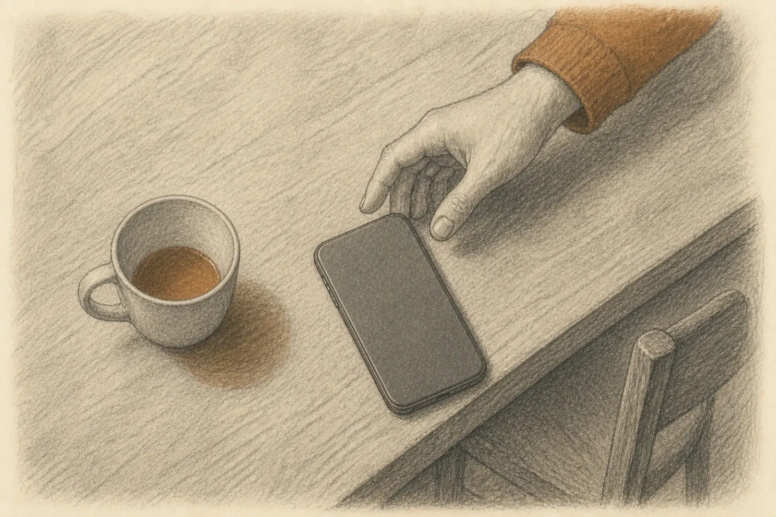 Dibujo visto desde arriba de una mano dejando un teléfono boca abajo sobre una mesa de cocina, junto a una taza a medio terminar