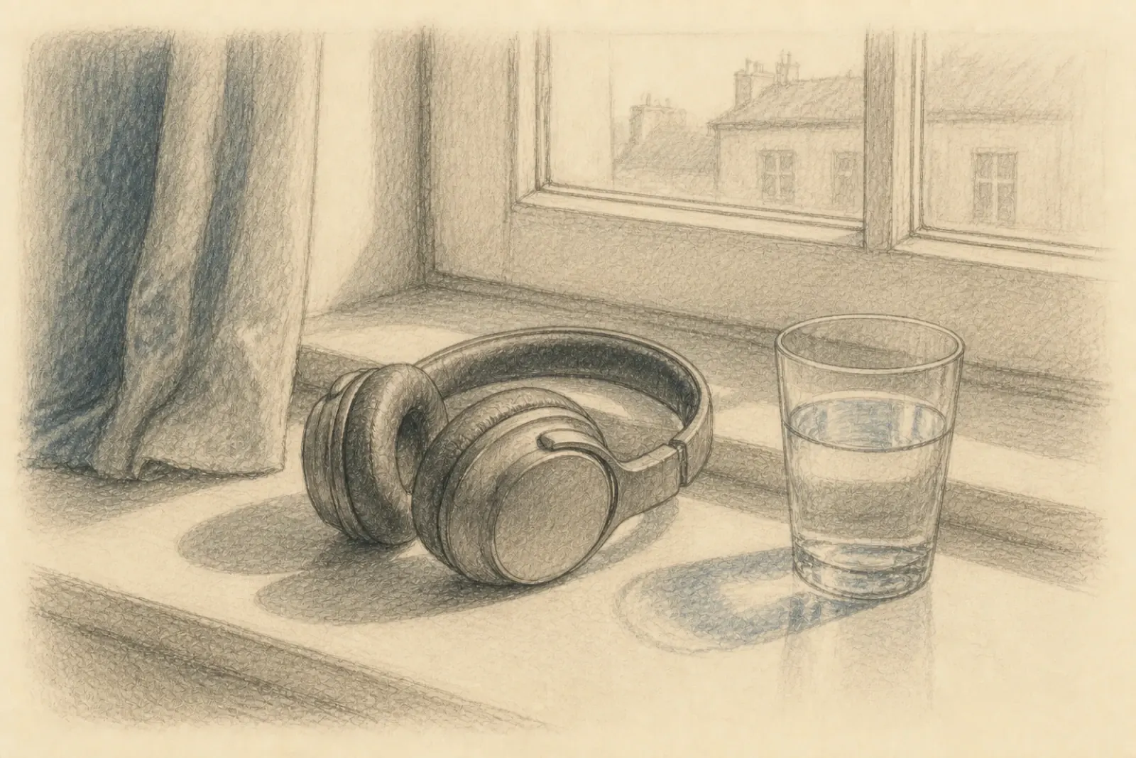 Dibujo de unos auriculares y un vaso de agua sobre el alféizar de una ventana con luz de día