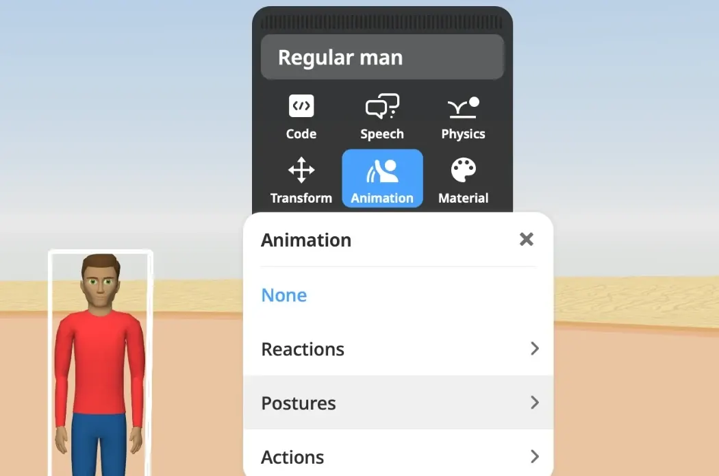 El menú negro de la figura con Animación seleccionada, mostrando la lista desplegable de posturas y acciones