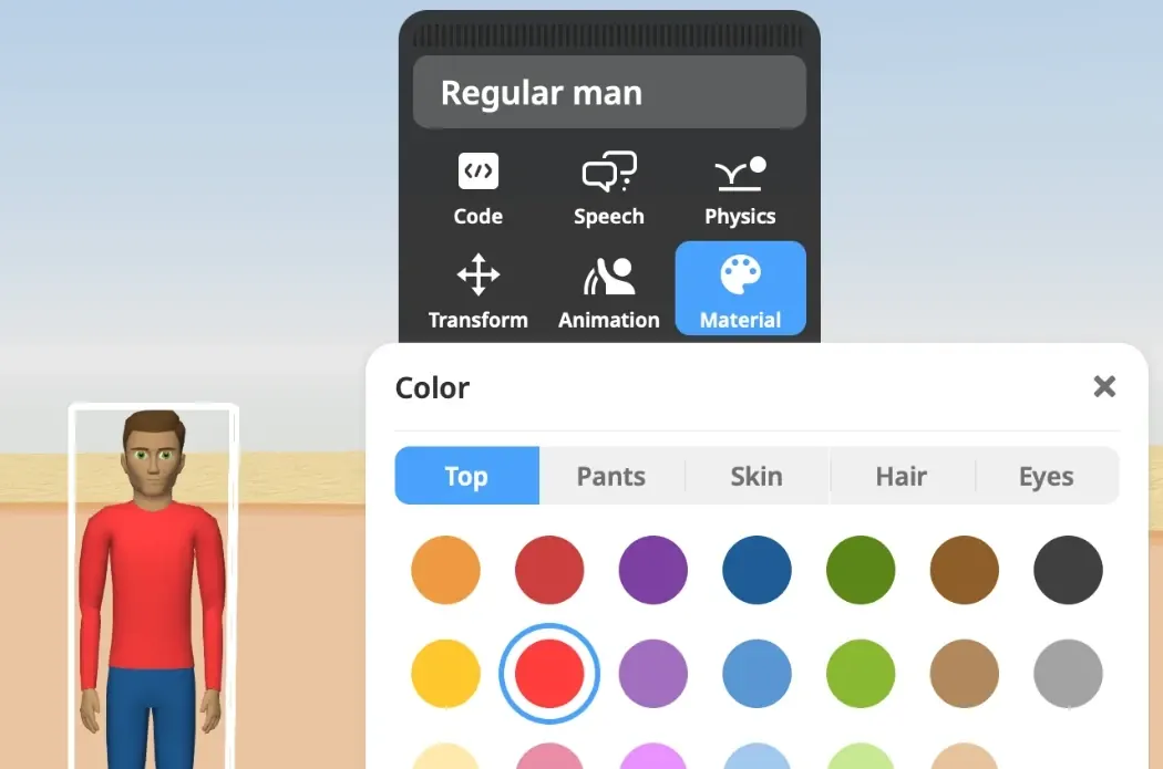 El menú negro de la figura con su cuadrícula de iconos, Material resaltado, y el panel de color que se abre debajo con muestras para la parte de arriba, los pantalones, la piel, el pelo y los ojos