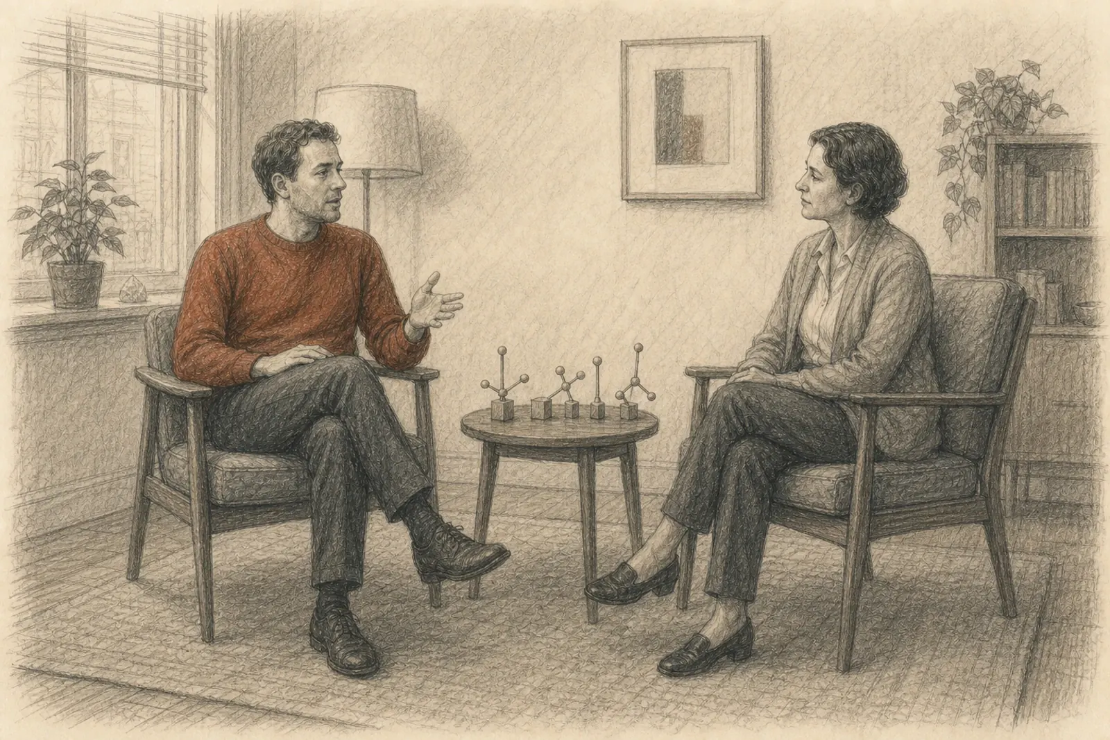 Graphite drawing of a client speaking with a listening practitioner while five figures wait on a side table