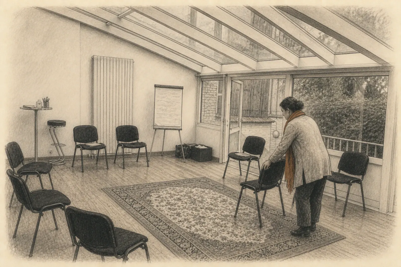 Graphite drawing of a man placing the final chair in Cecilia Altieri's workshop veranda