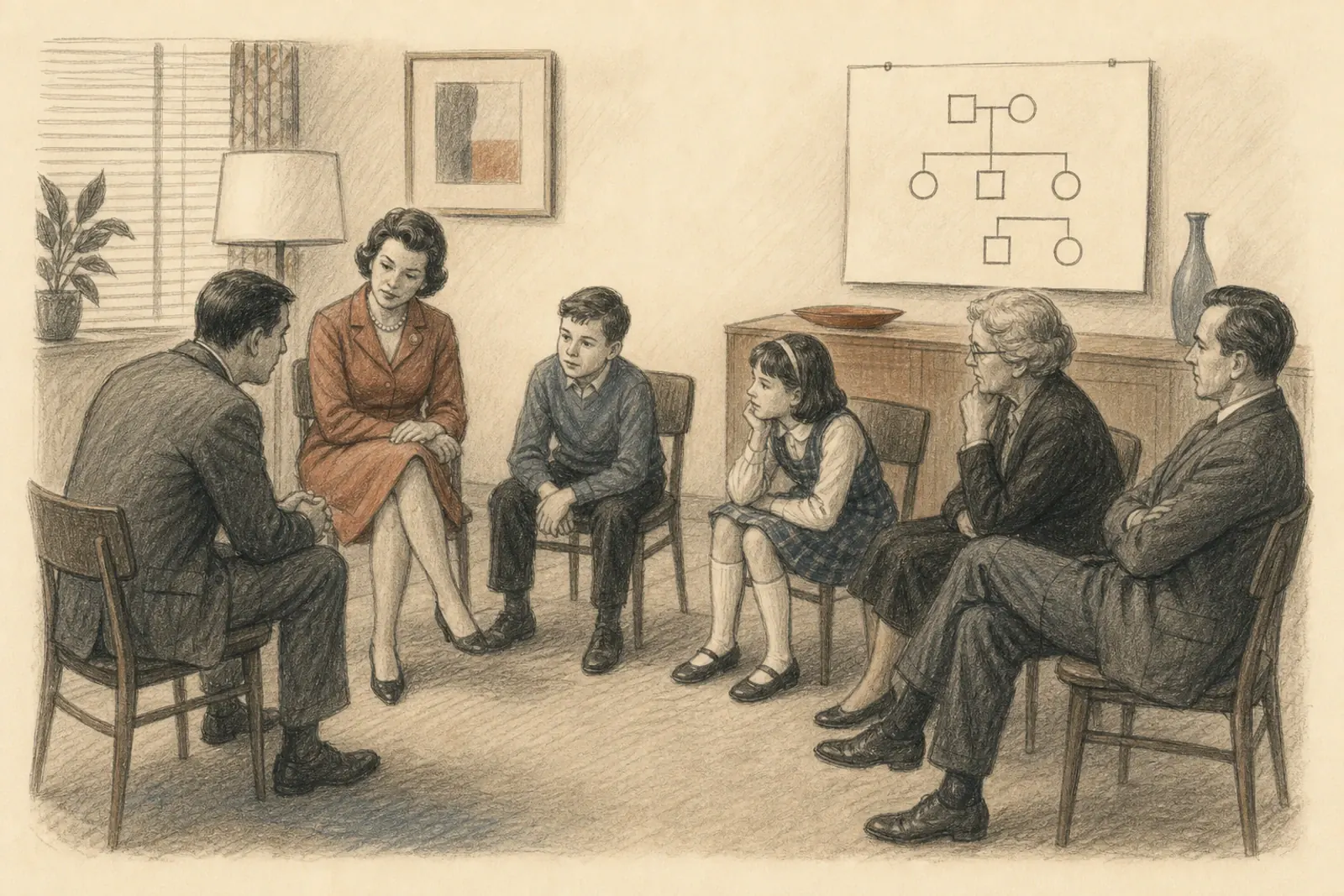 Dibujo de una consulta de terapia familiar de los años sesenta: una familia de tres generaciones sentada en un arco abierto junto a un terapeuta, con un diagrama familiar dibujado a mano en la pared