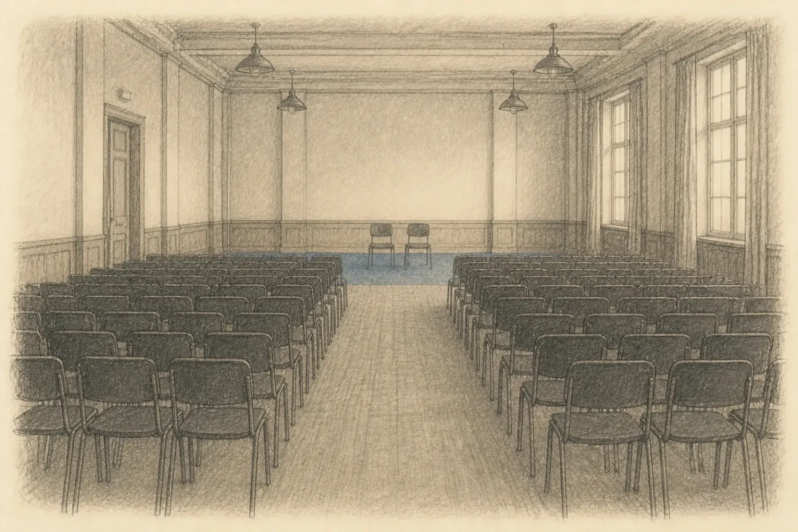 Dibujo de una gran sala de seminarios vista desde la última fila, hileras de sillas vacías que se alejan hacia dos sillas en un pequeño espacio despejado al frente