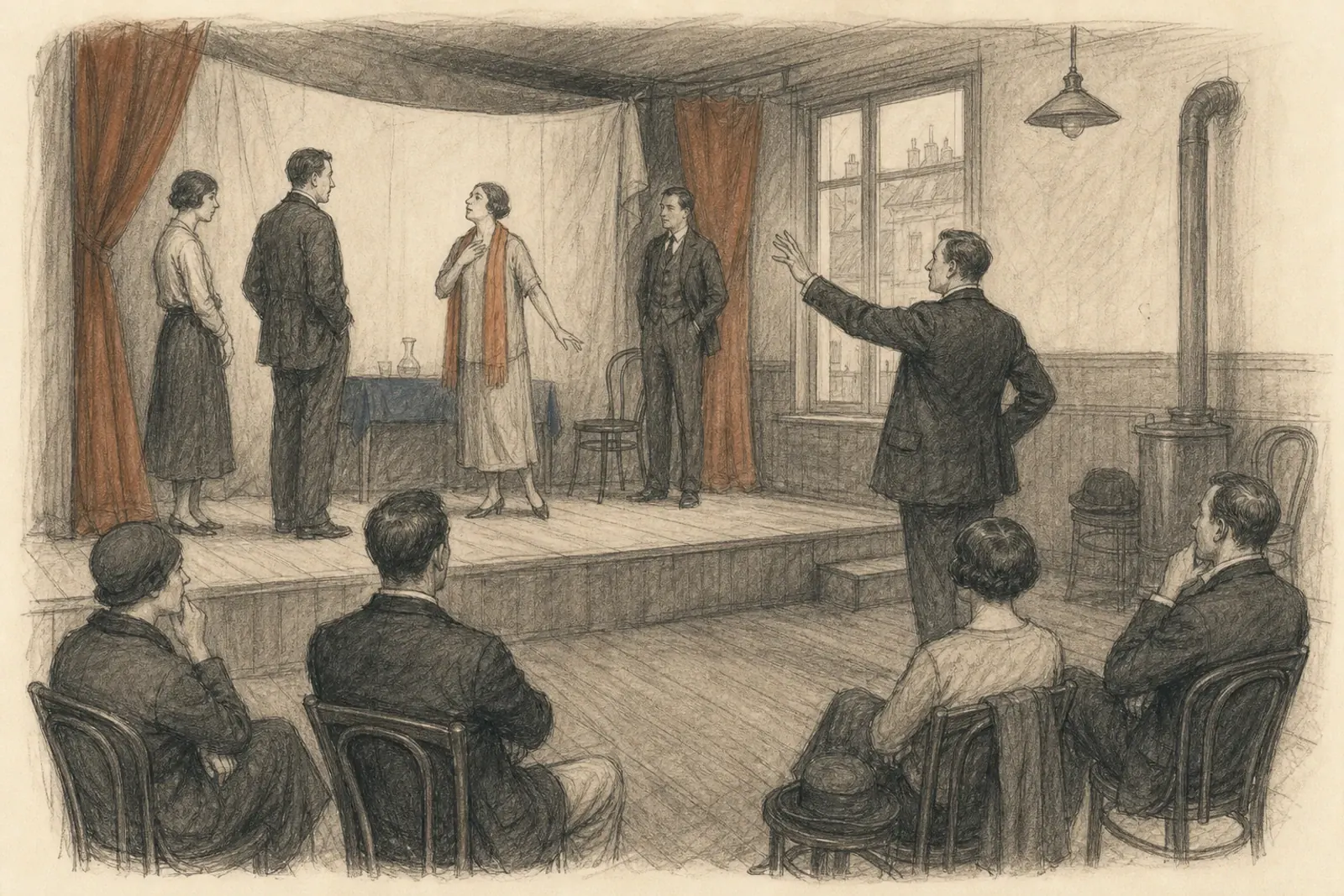 Dibujo de un pequeño escenario improvisado en el Viena de los años veinte: un puñado de personas representando una escena mientras un director gesticula desde la sala y un pequeño público observa