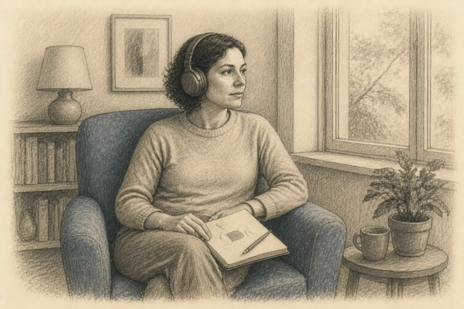 Dibujo al grafito de una mujer alerta escuchando con auriculares, con un diario casi en blanco sobre el regazo