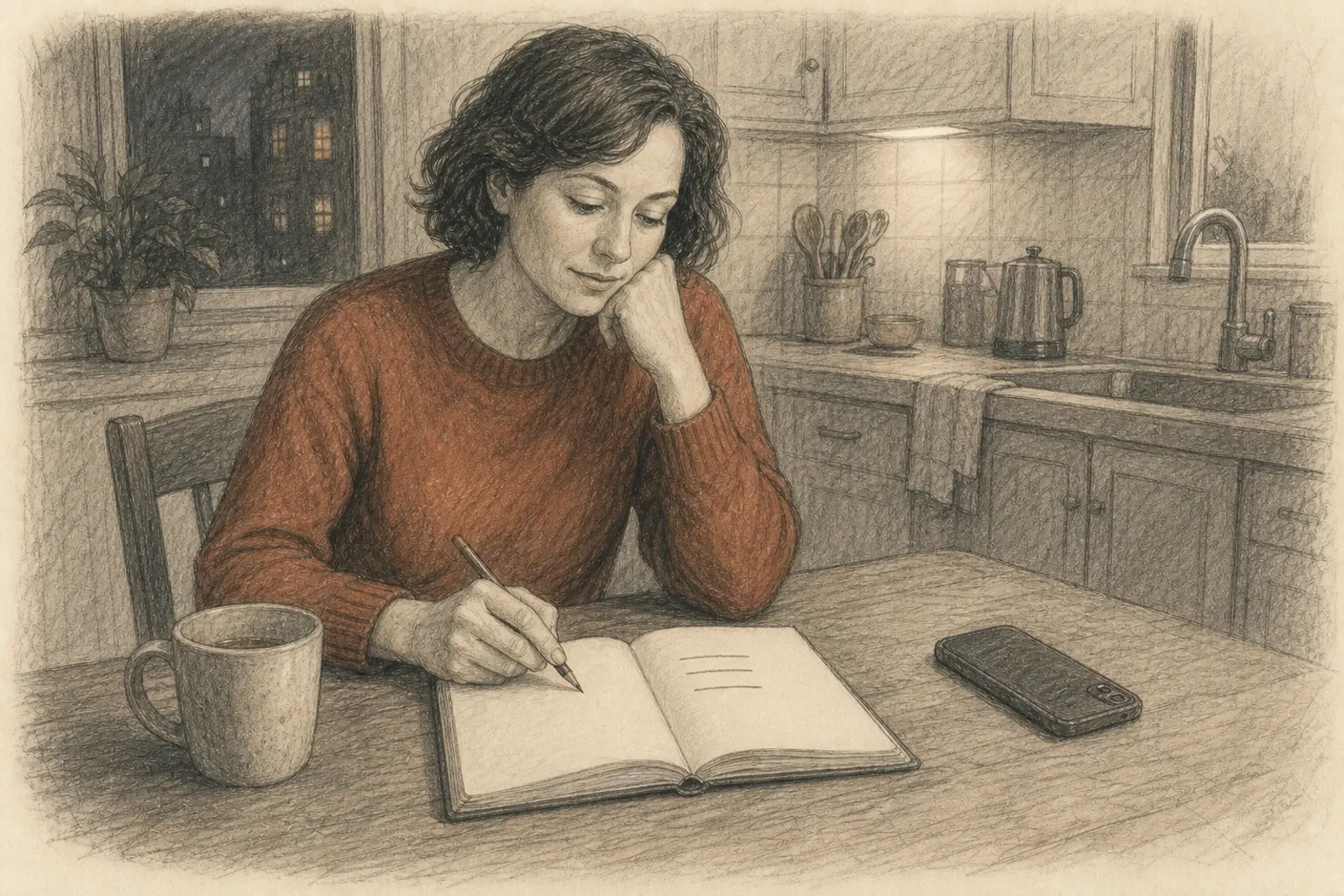 Graphite drawing of a woman choosing three notes at a kitchen table, with her phone set aside