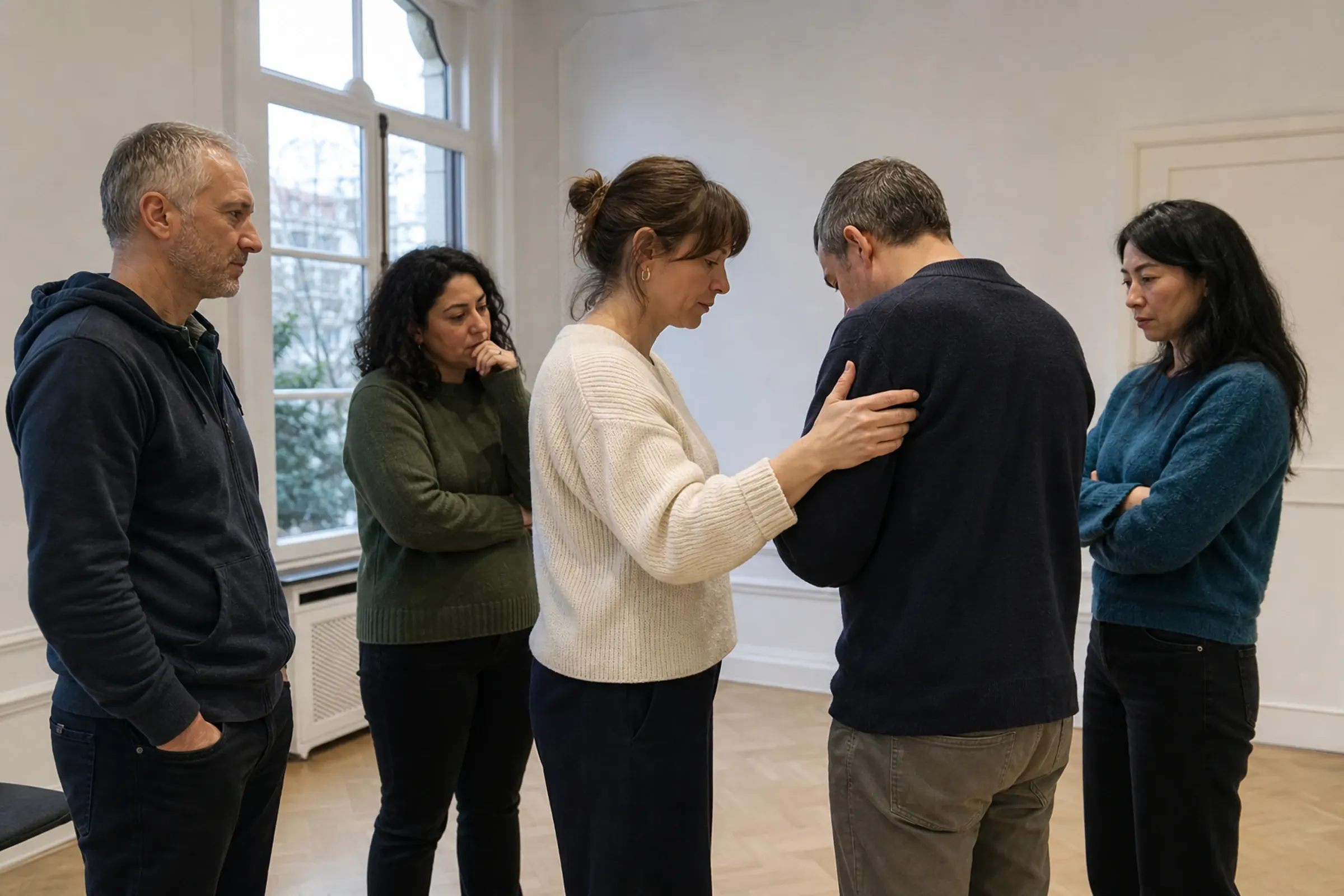 Un facilitador con la mano en el hombro de un participante mientras él mira hacia abajo, con otras tres personas cerca observando