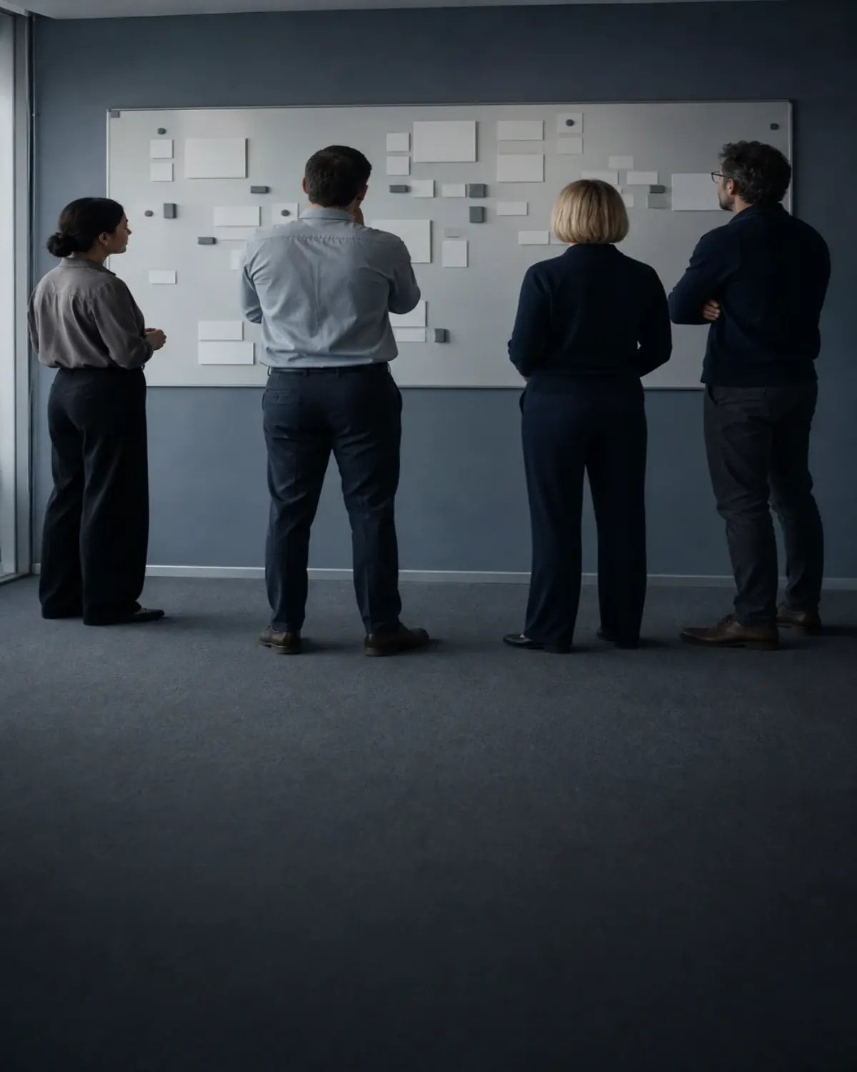Vier collega's die een niet-gelabelde opstelling van kaarten en blokken op een groot wandbord bestuderen