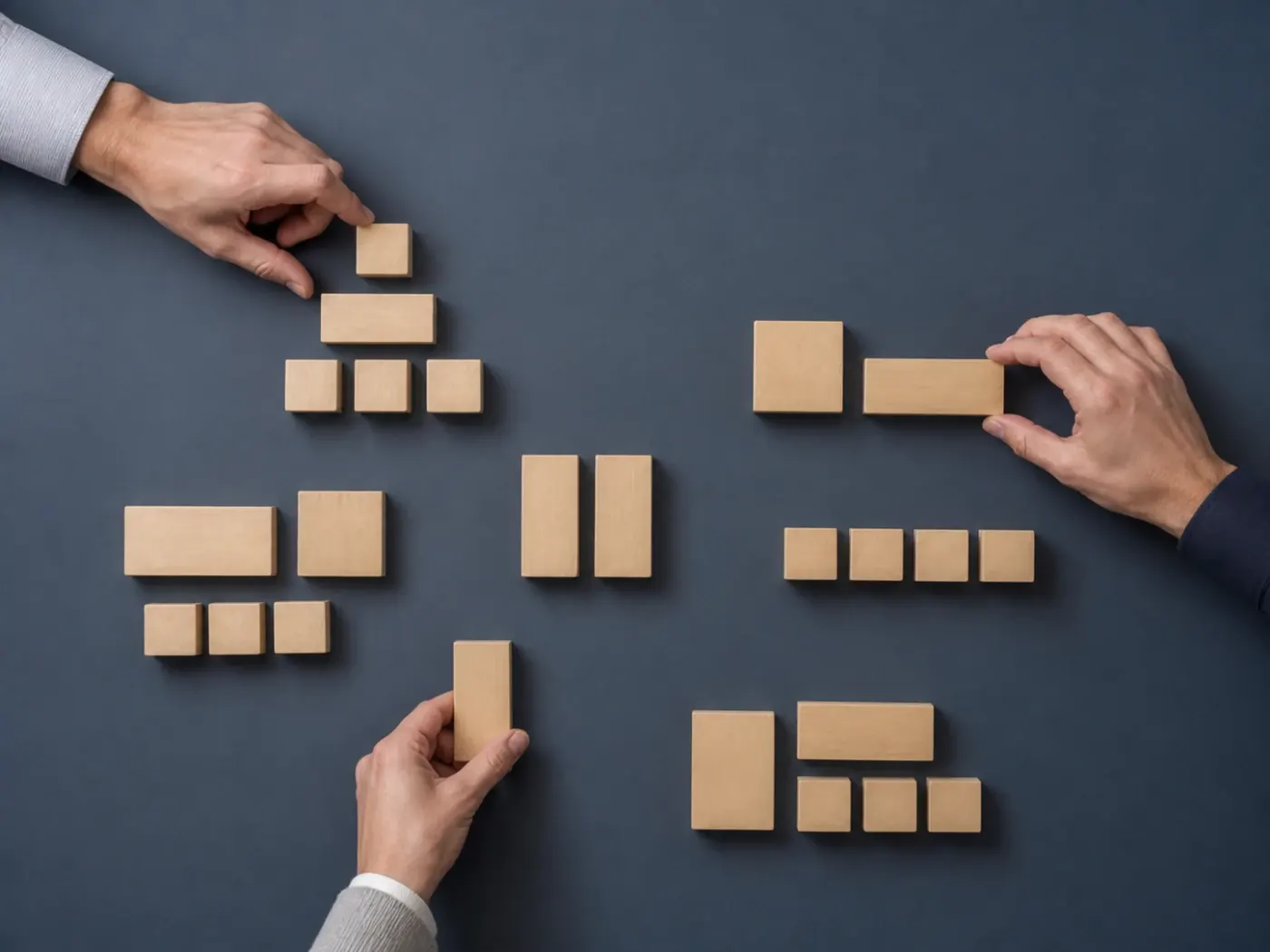 Drie mensen die eenvoudige houten organisatieblokken verplaatsen over een leisteenblauwe tafel