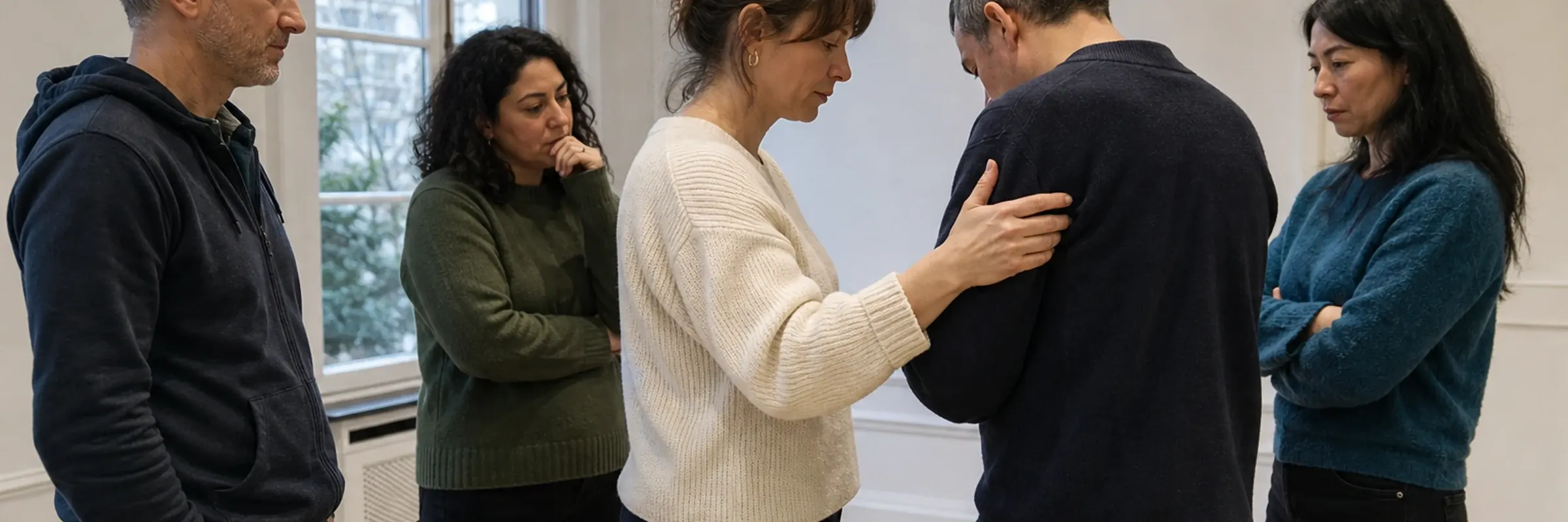 Participantes del taller de pie junto a un facilitador, uno de ellos siendo acompañado tras un momento difícil