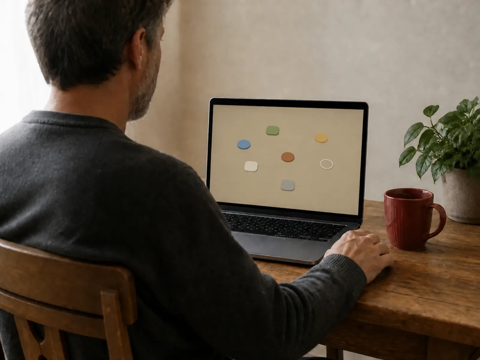 El entorno de constelaciones online: siete marcadores de posición abstractos dispuestos en relación entre sí en la pantalla del portátil