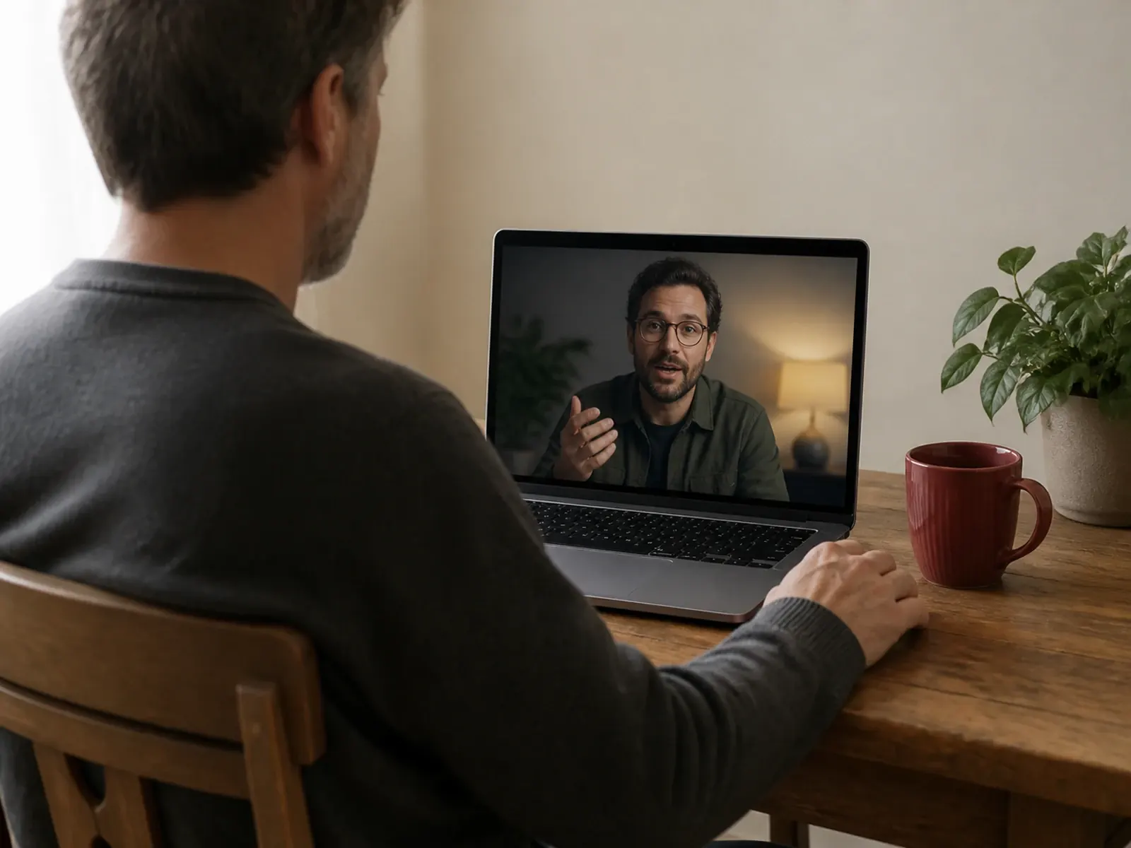 El entorno online durante una sesión de terapia: una profesional en la pantalla del portátil, en plena conversación