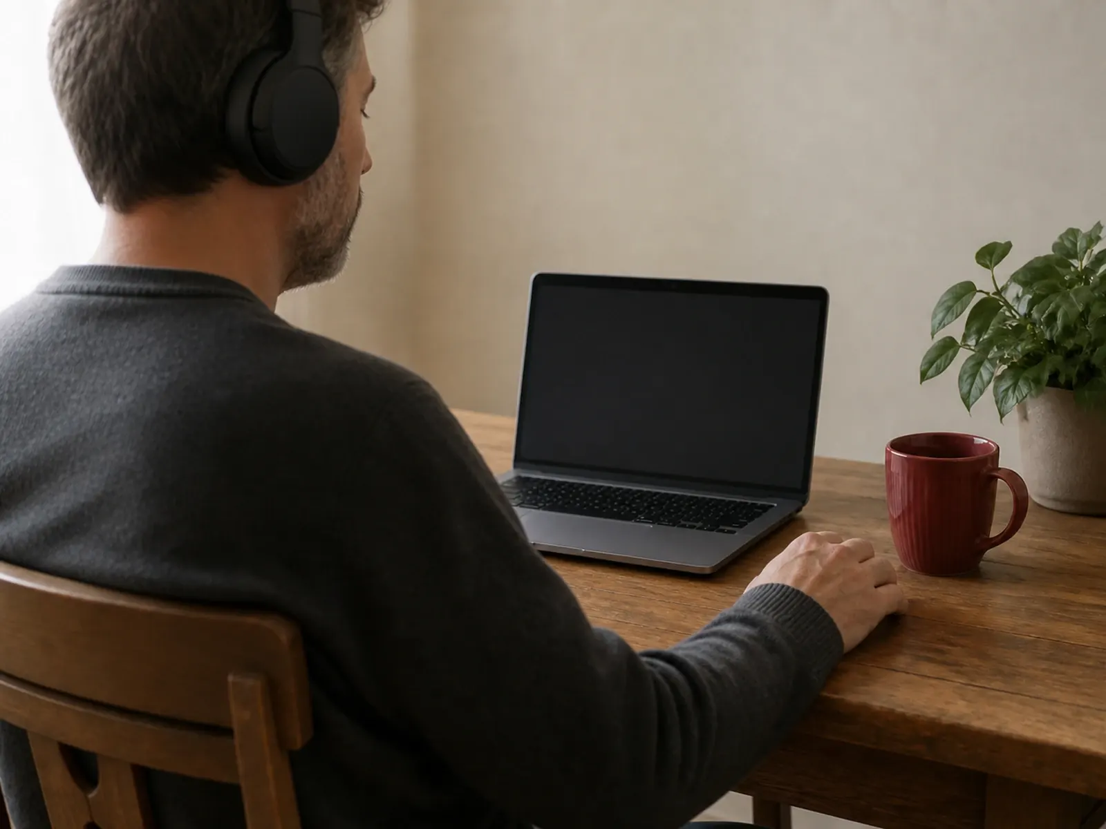 El mismo entorno durante la terapia de escucha: el portátil apartado y atenuado, con los auriculares de diadema puestos