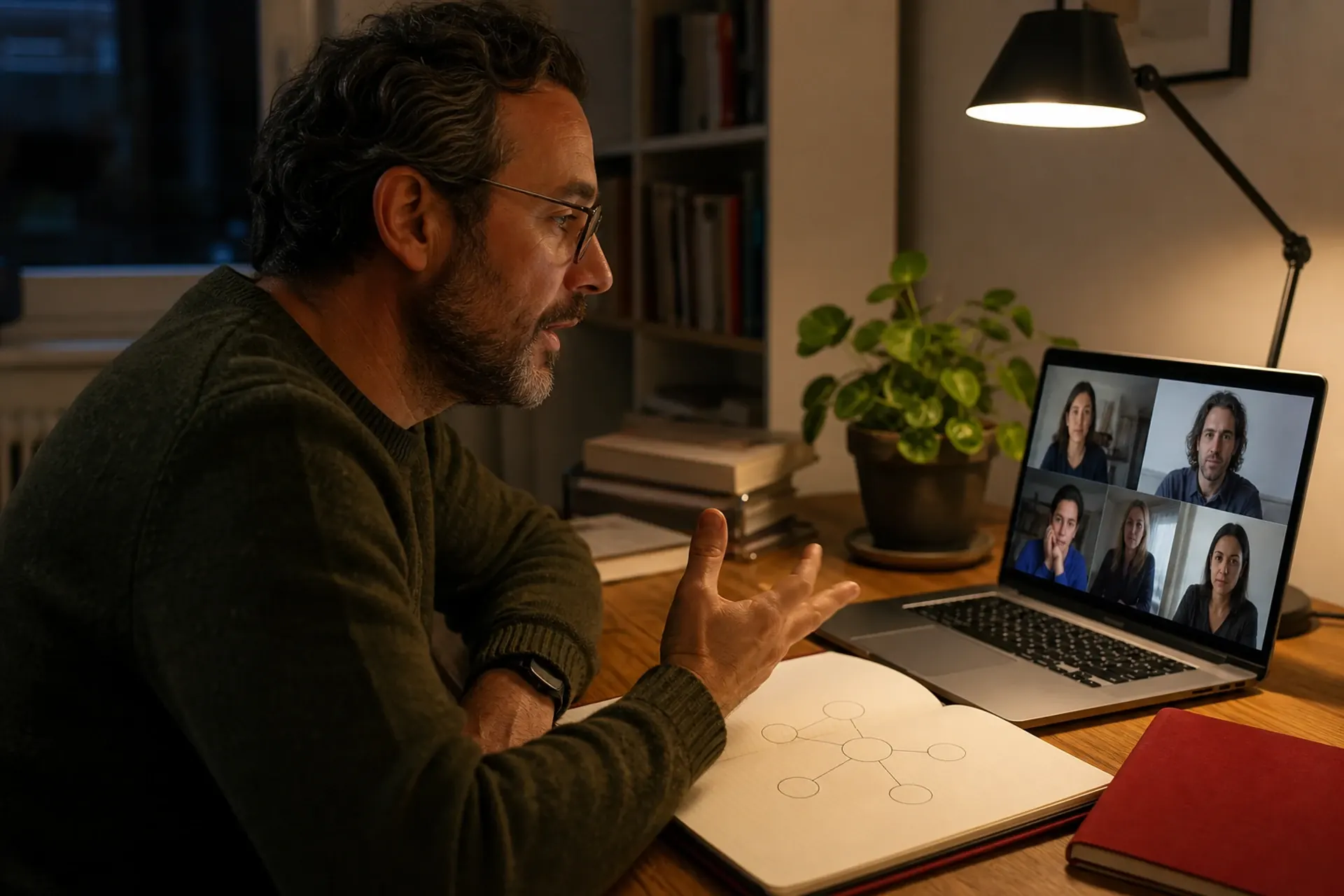 Una conversación de supervisión: un facilitador presenta su trabajo a un grupo pequeño en una videollamada, con un diagrama sistémico en su cuaderno